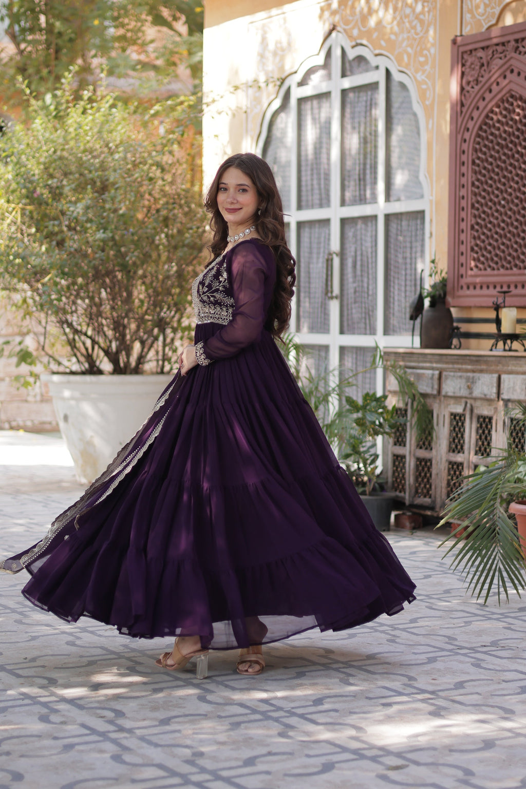 Anika pearl embroidered flared wine Anarkali gown set