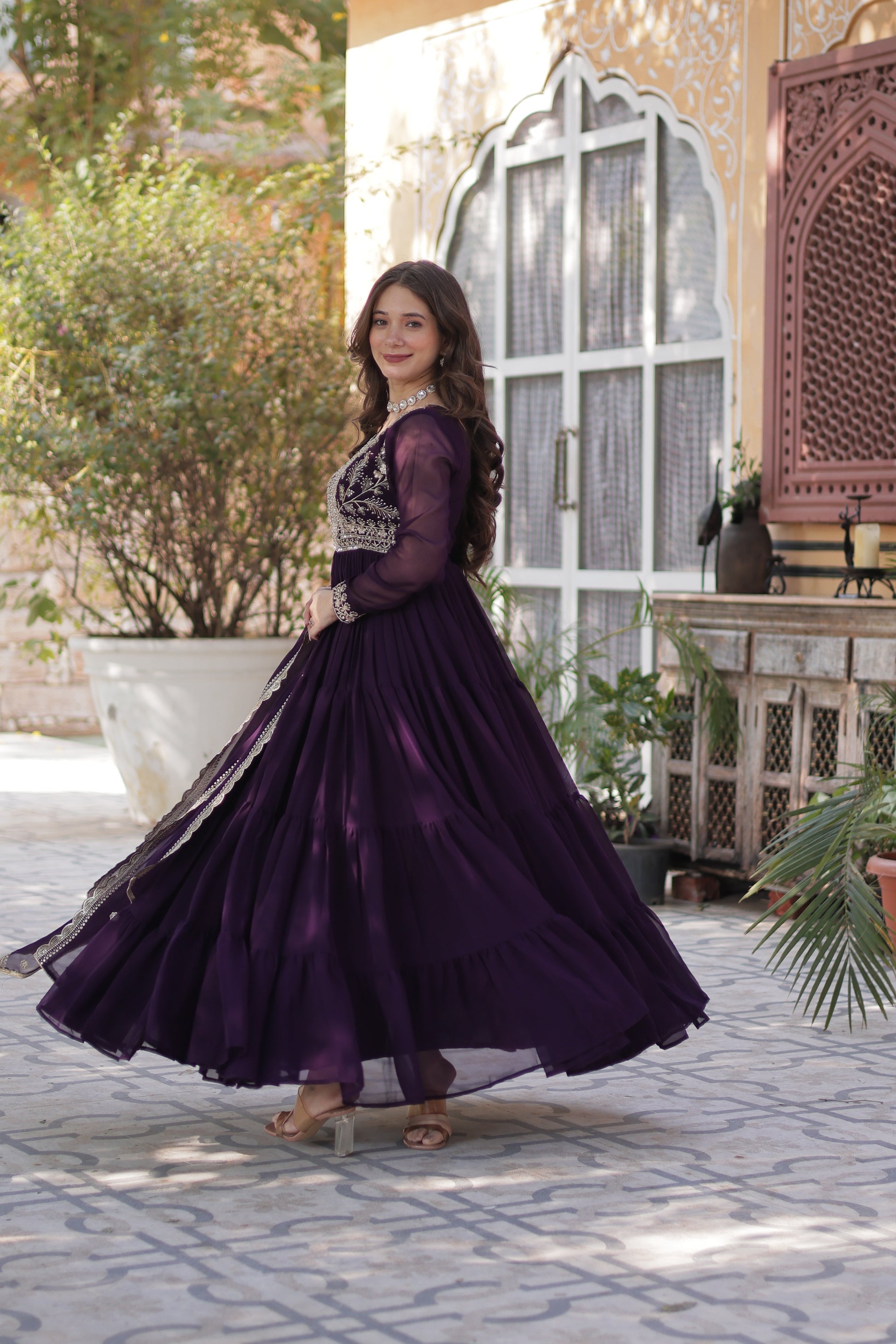 Anika pearl embroidered flared wine Anarkali gown set
