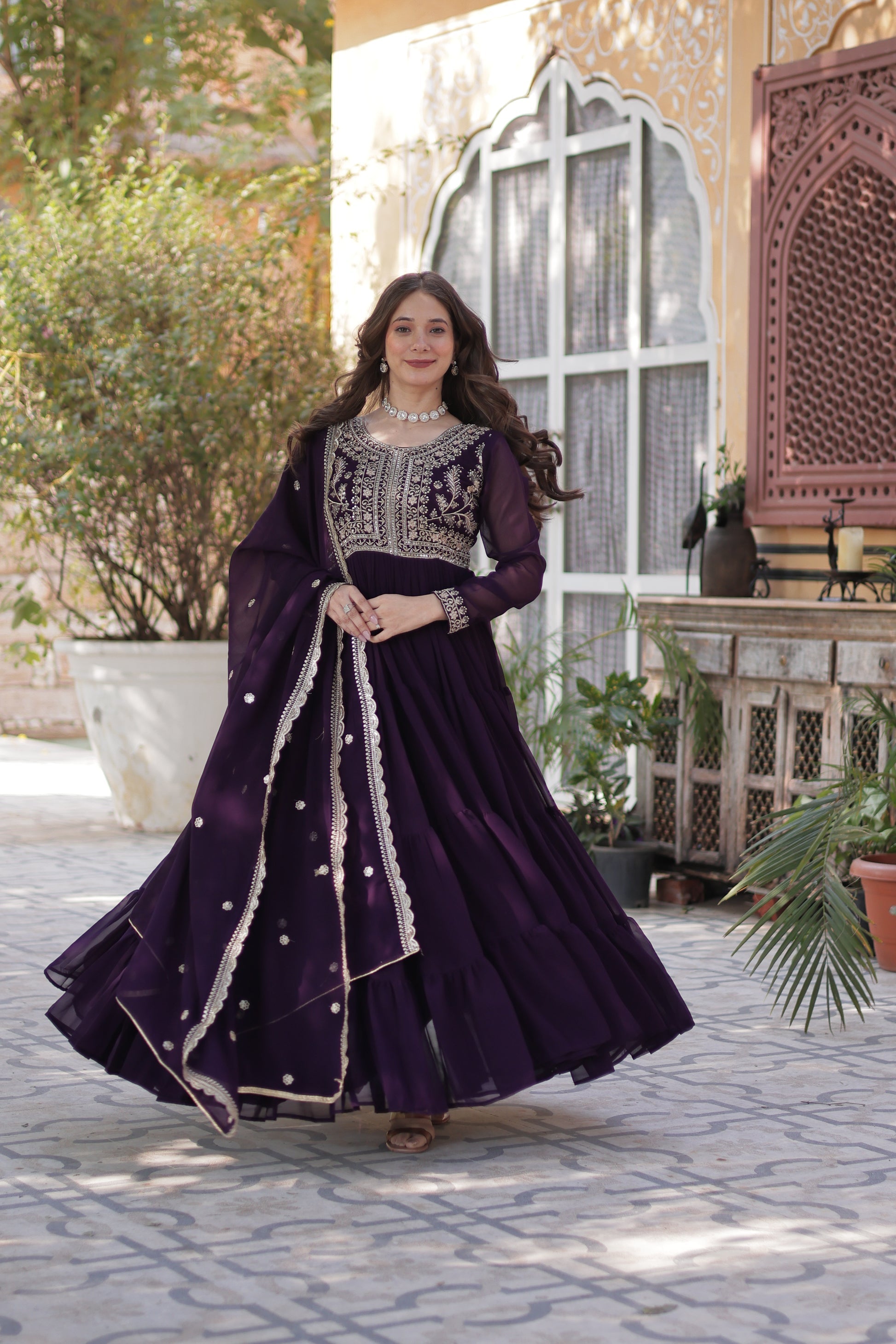 Anika pearl embroidered flared wine Anarkali gown set