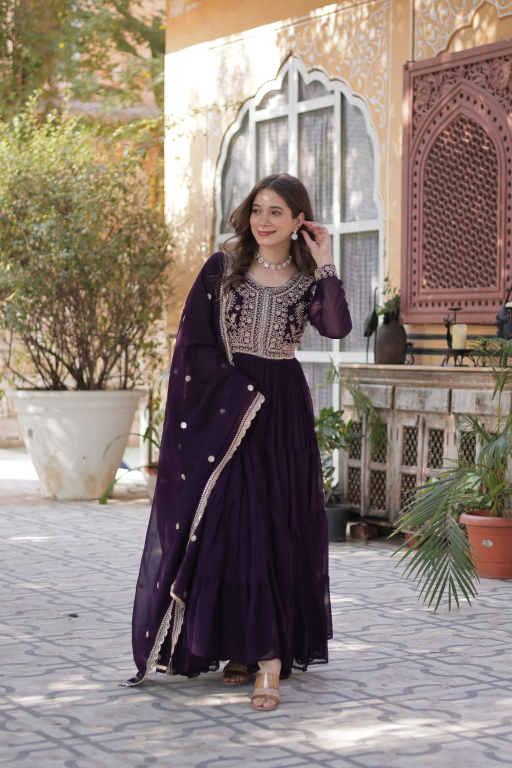 Anika pearl embroidered flared wine Anarkali gown set