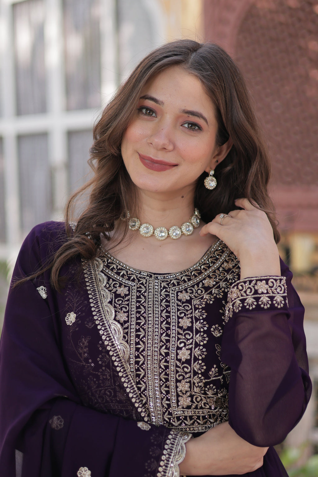 Anika pearl embroidered flared wine Anarkali gown set