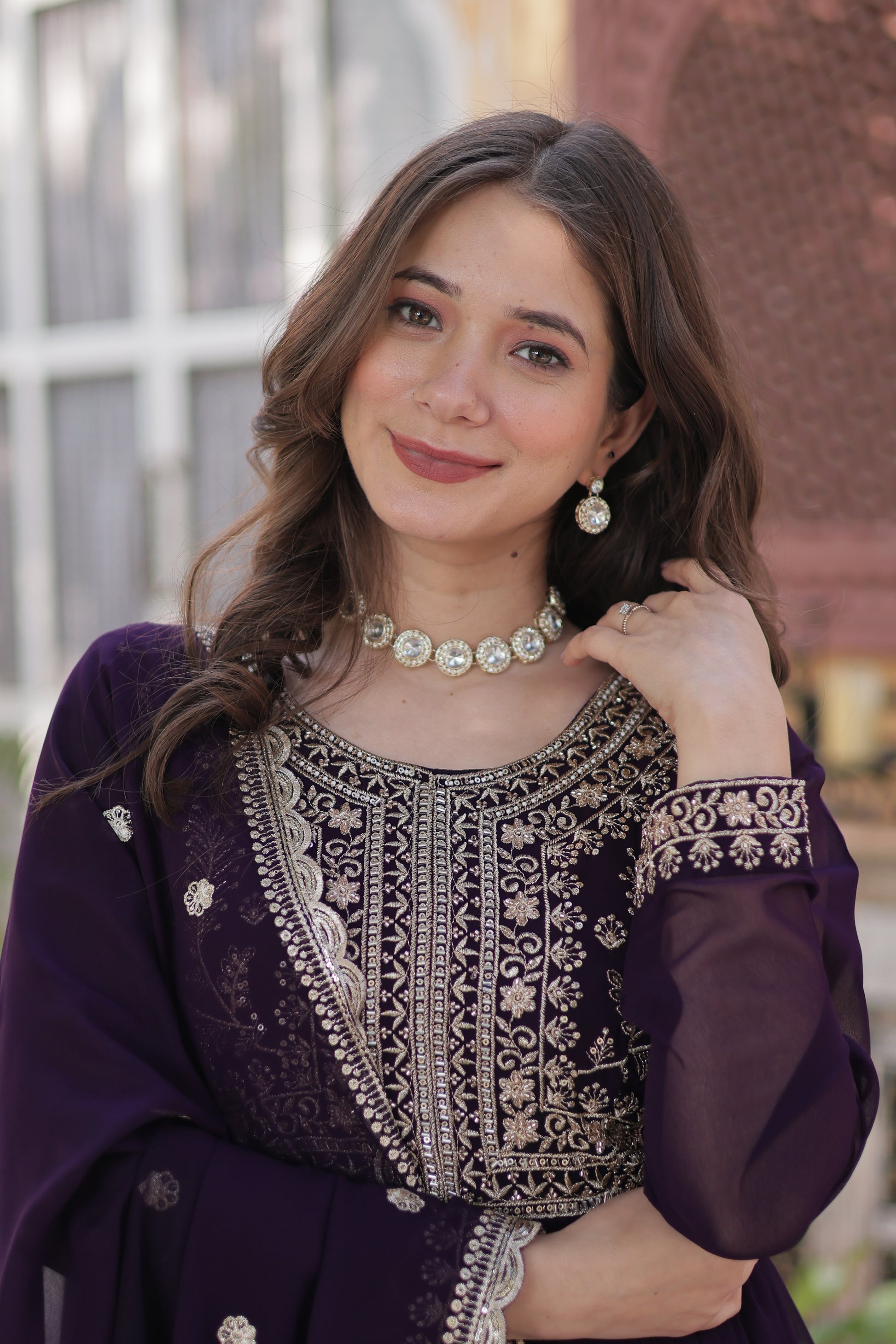 Anika pearl embroidered flared wine Anarkali gown set