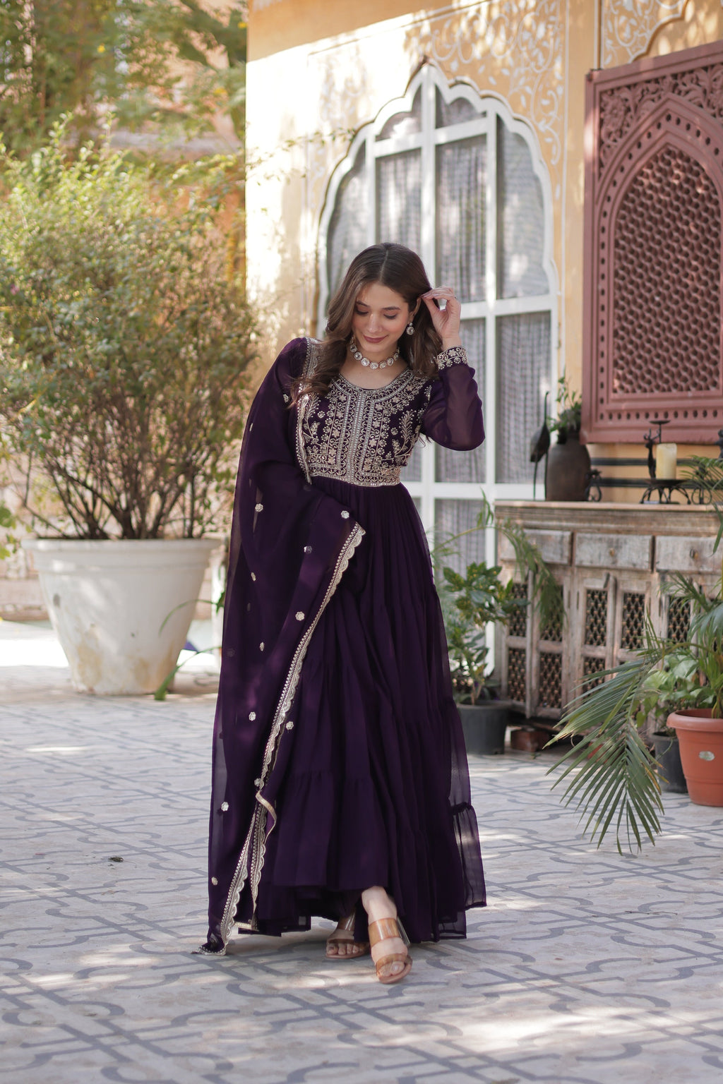 Anika pearl embroidered flared wine Anarkali gown set