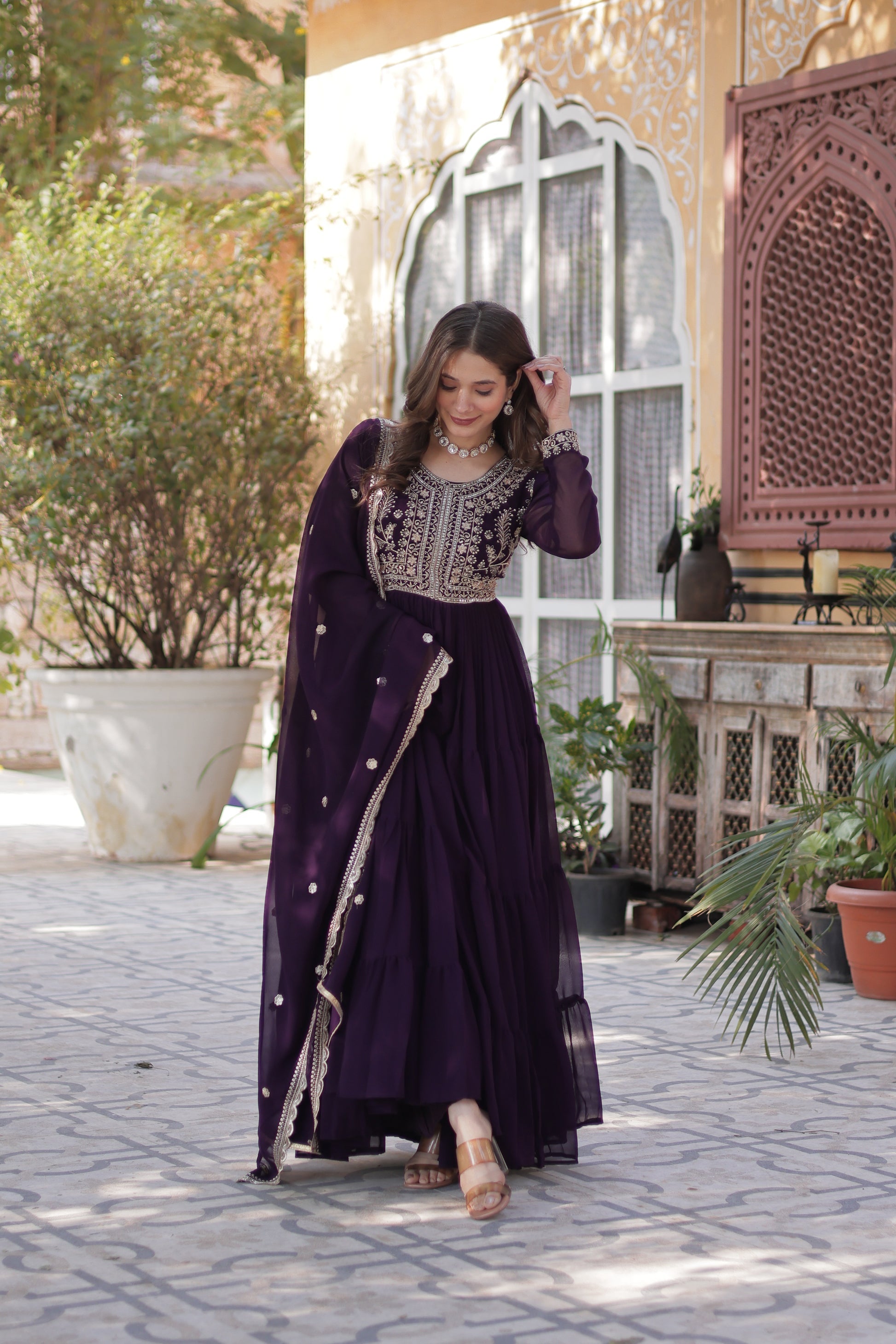 Anika pearl embroidered flared wine Anarkali gown set