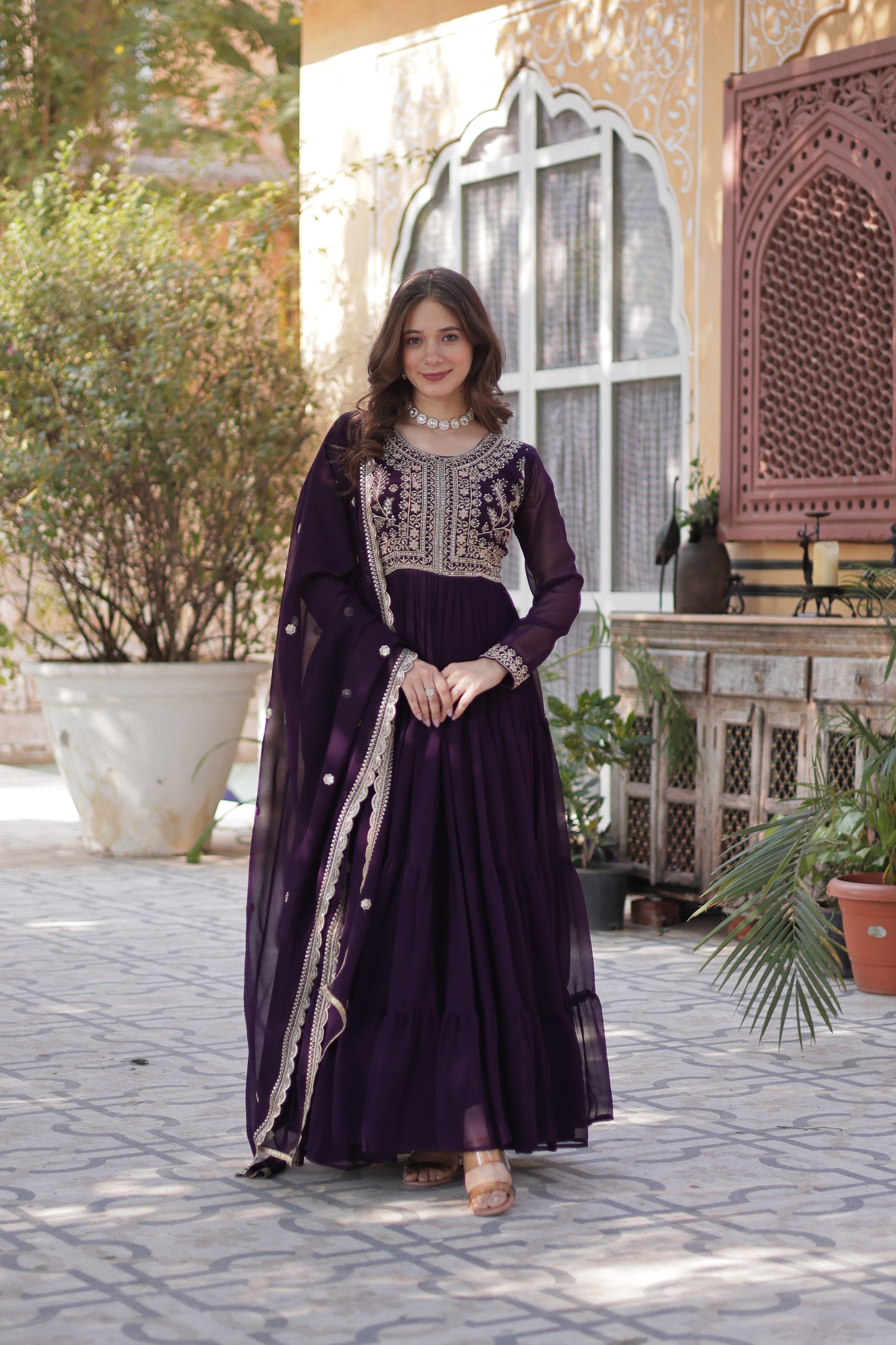 Anika pearl embroidered flared wine Anarkali gown set