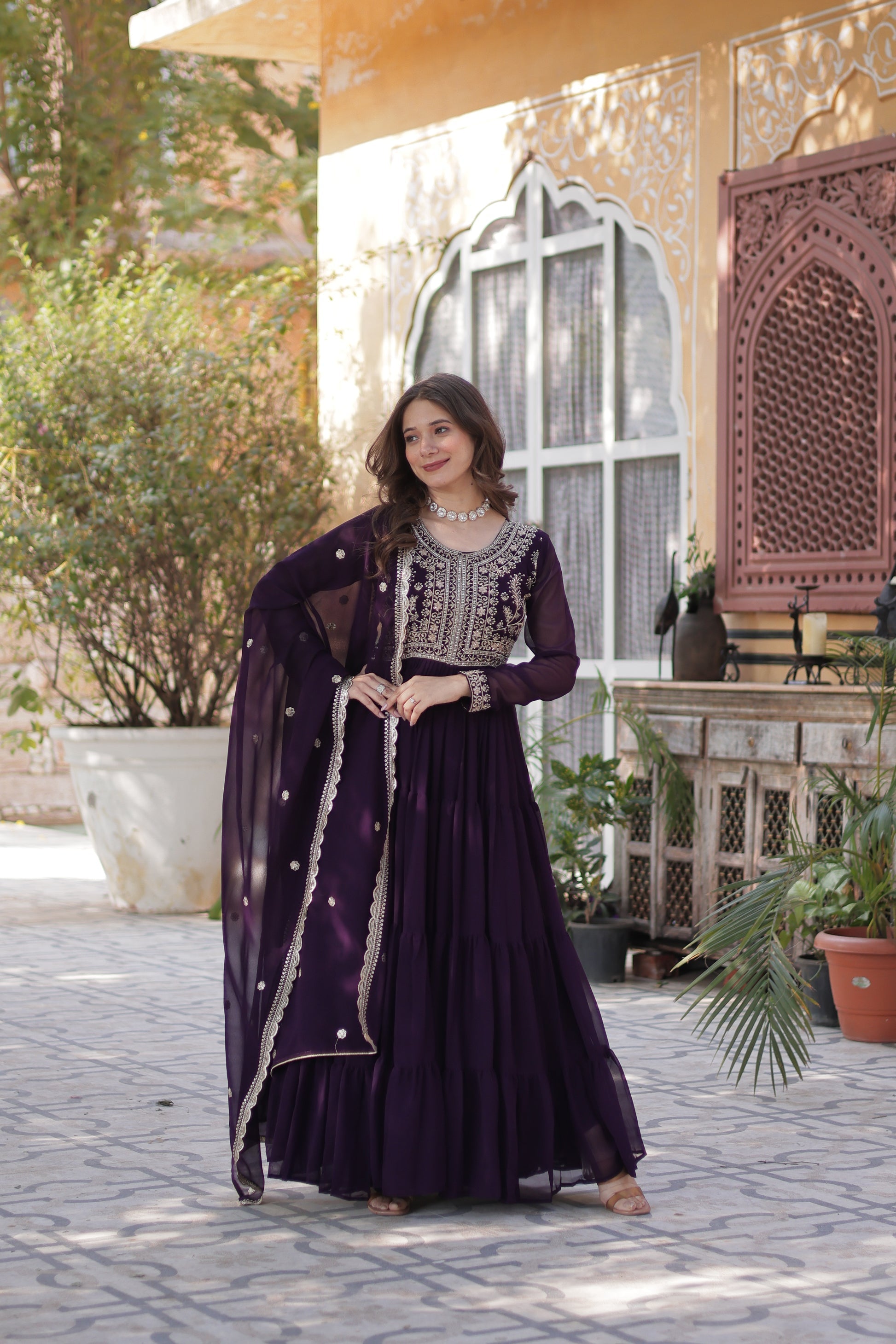 Anika pearl embroidered flared wine Anarkali gown set