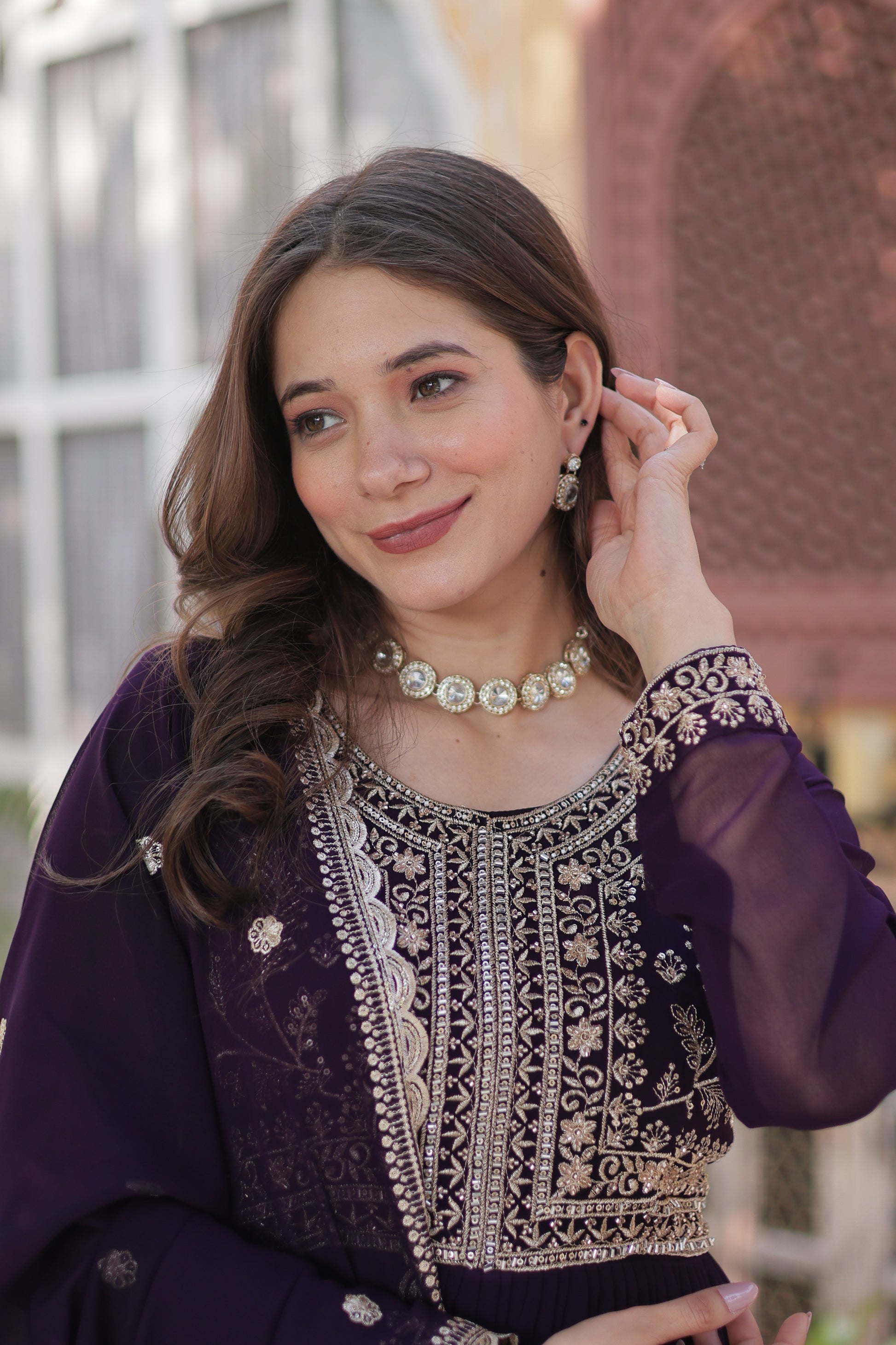 Anika pearl embroidered flared wine Anarkali gown set