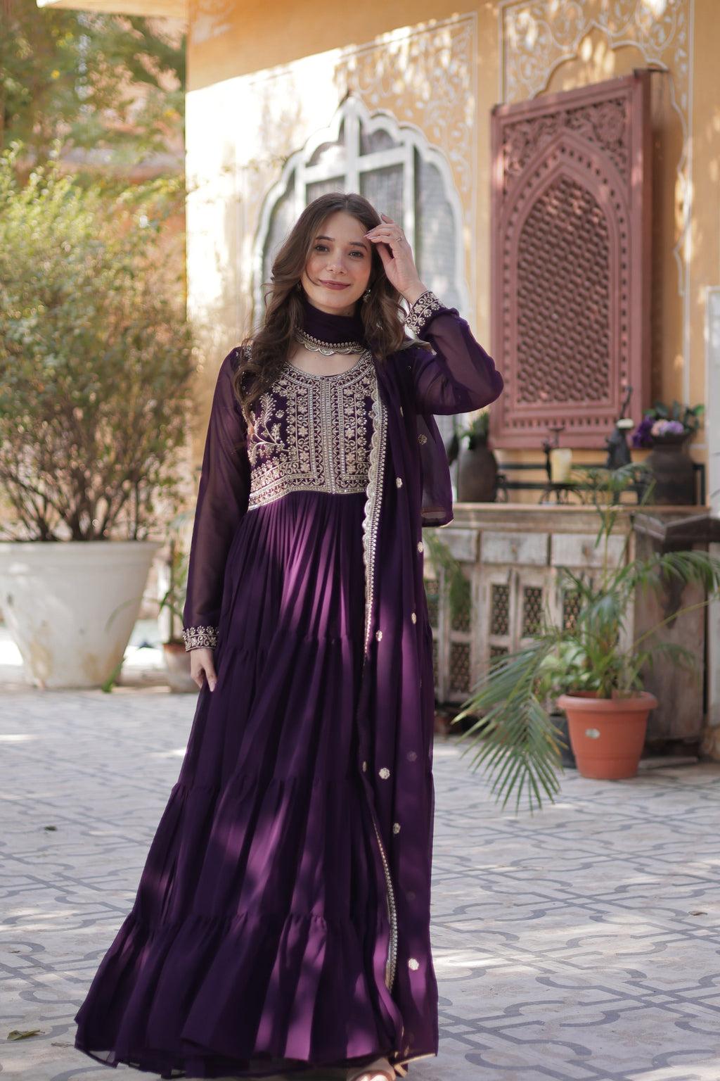 Anika pearl embroidered flared wine Anarkali gown set