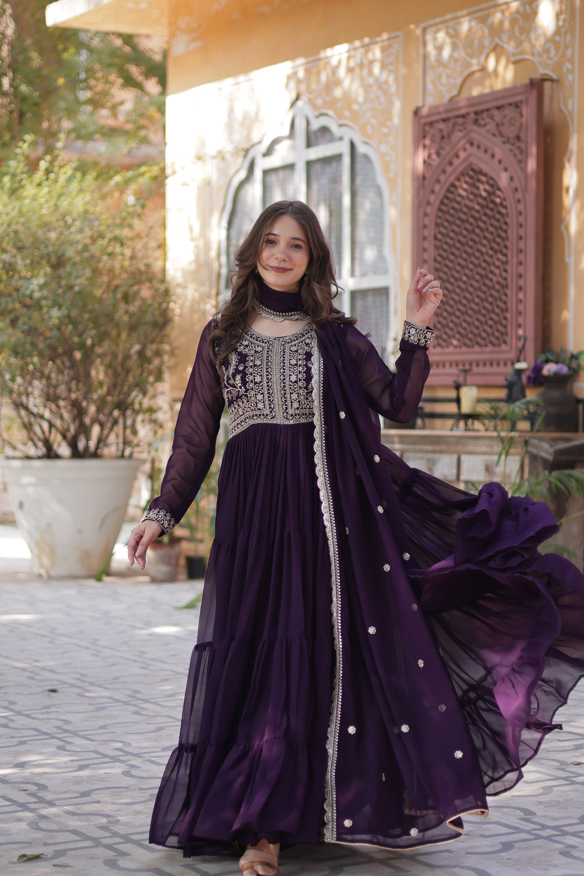 Anika pearl embroidered flared wine Anarkali gown set