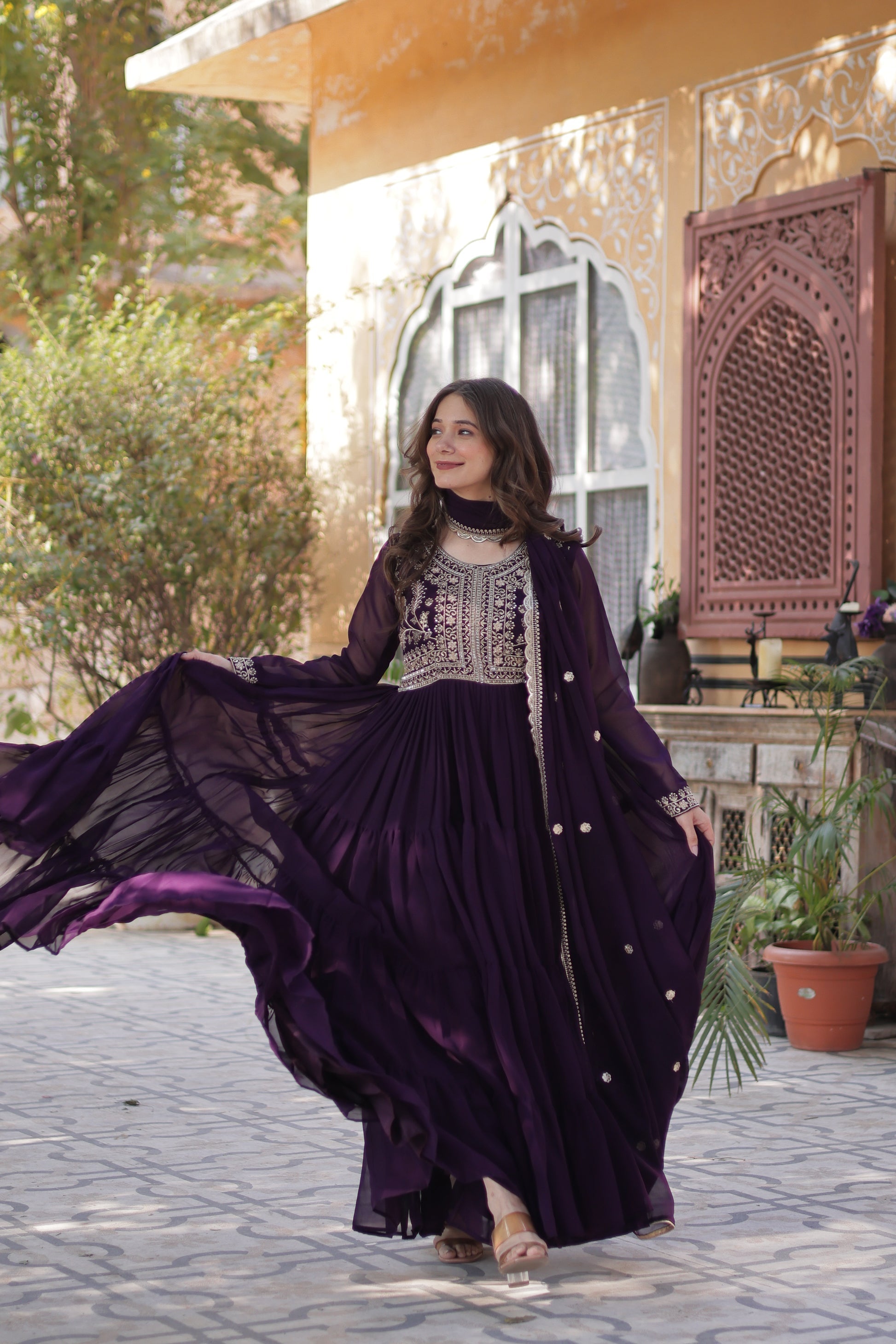 Anika pearl embroidered flared wine Anarkali gown set