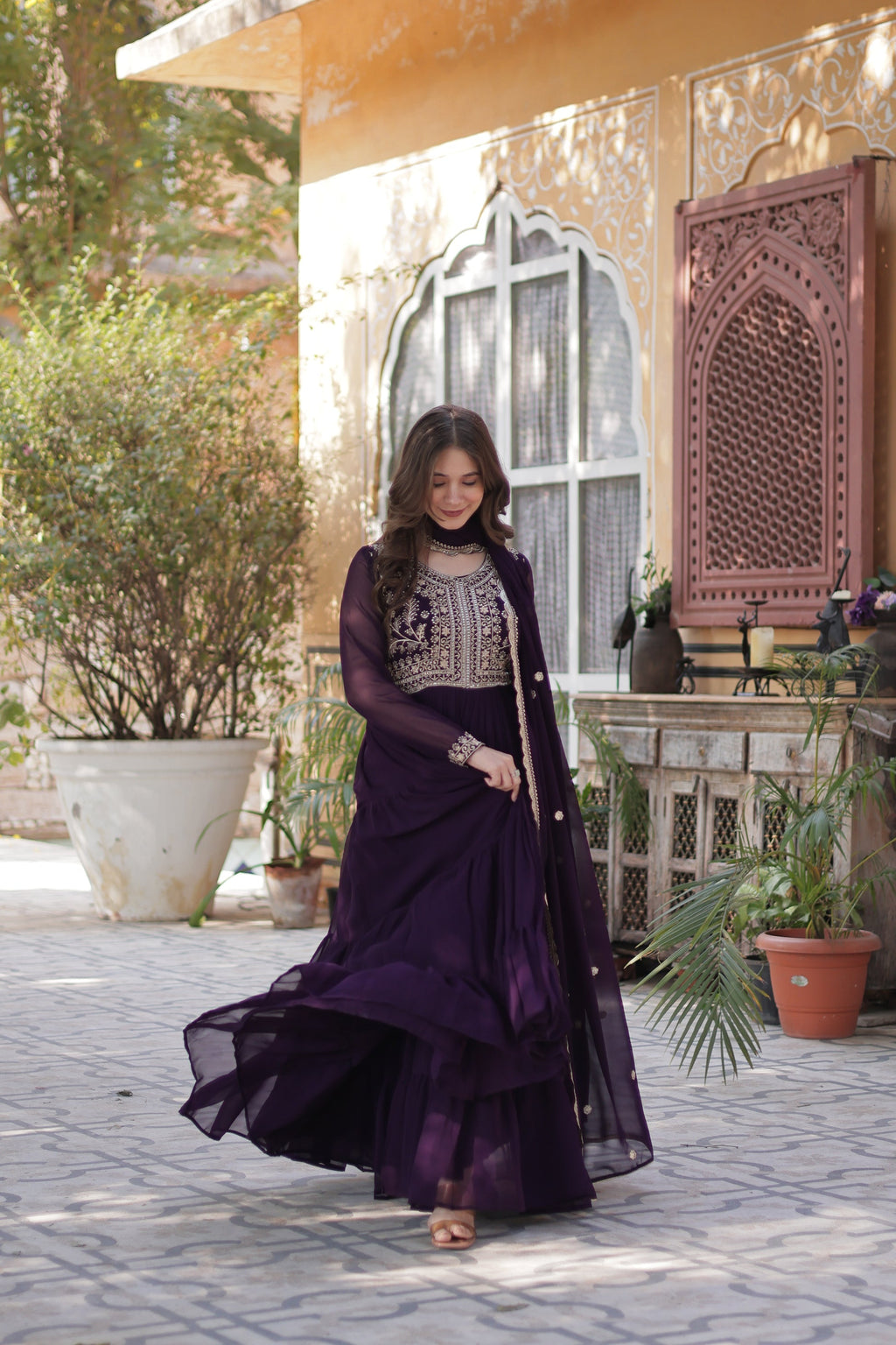 Anika pearl embroidered flared wine Anarkali gown set