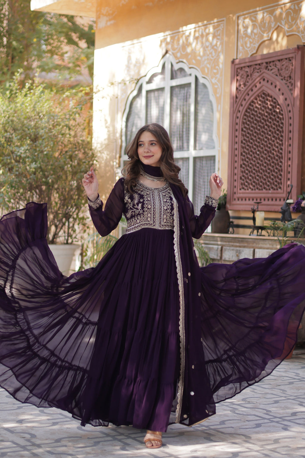 Anika pearl embroidered flared wine Anarkali gown set