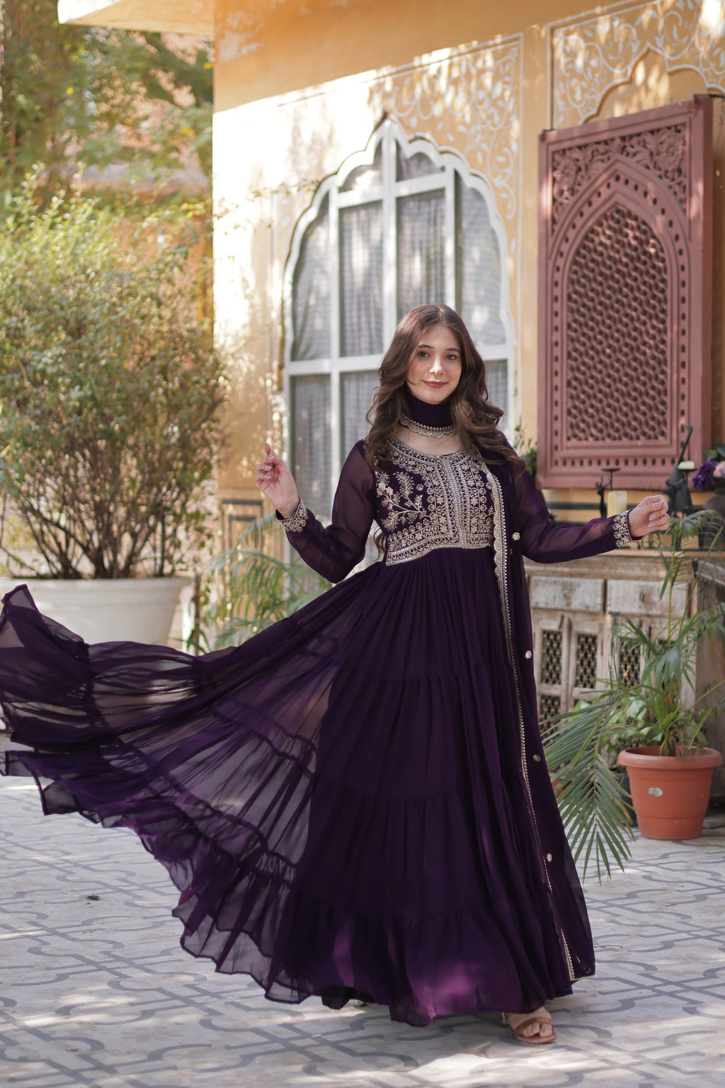 Anika pearl embroidered flared wine Anarkali gown set