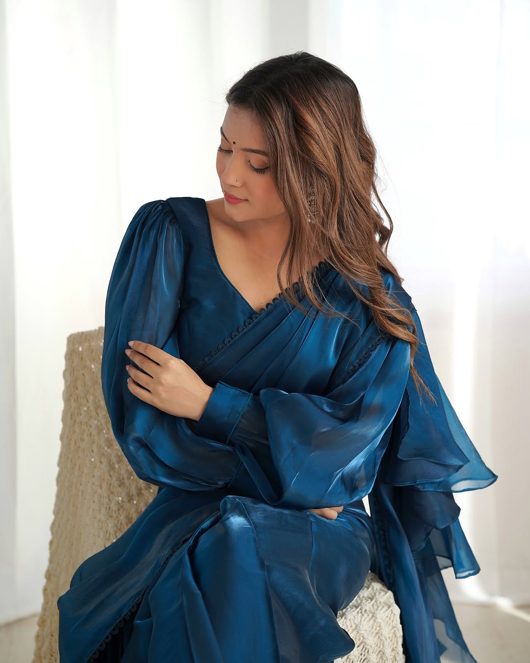 Anushree blue ready to wear jimmy choo organza ruffle draped saree