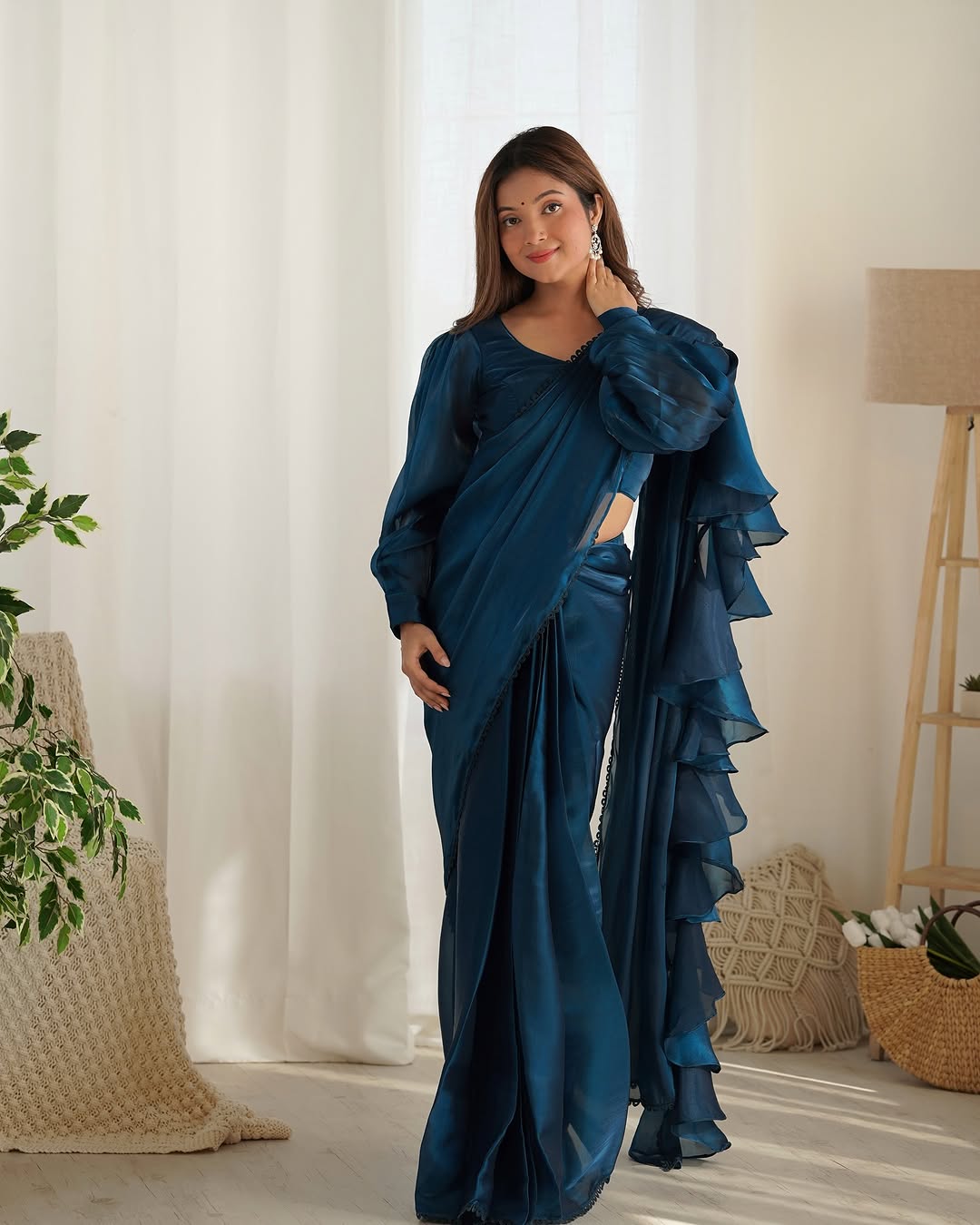 Anushree blue ready to wear jimmy choo organza ruffle draped saree