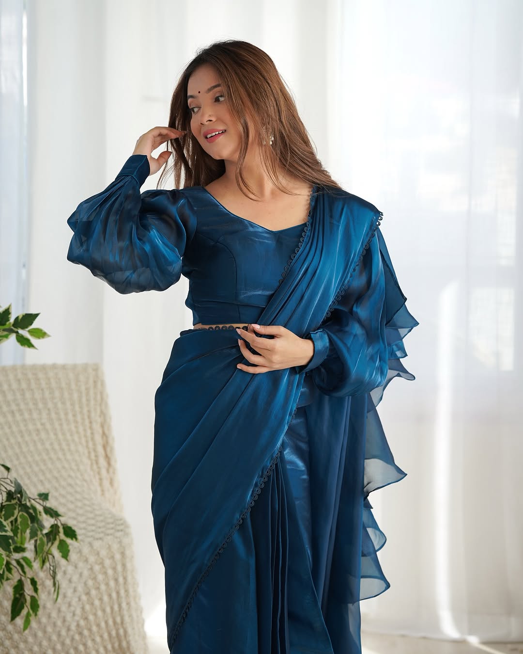 Anushree blue ready to wear jimmy choo organza ruffle draped saree