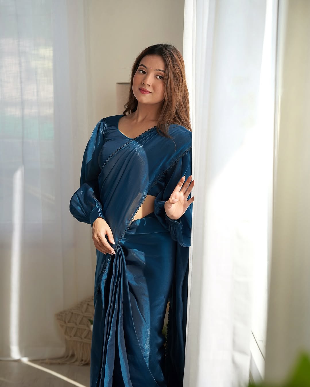 Anushree blue ready to wear jimmy choo organza ruffle draped saree