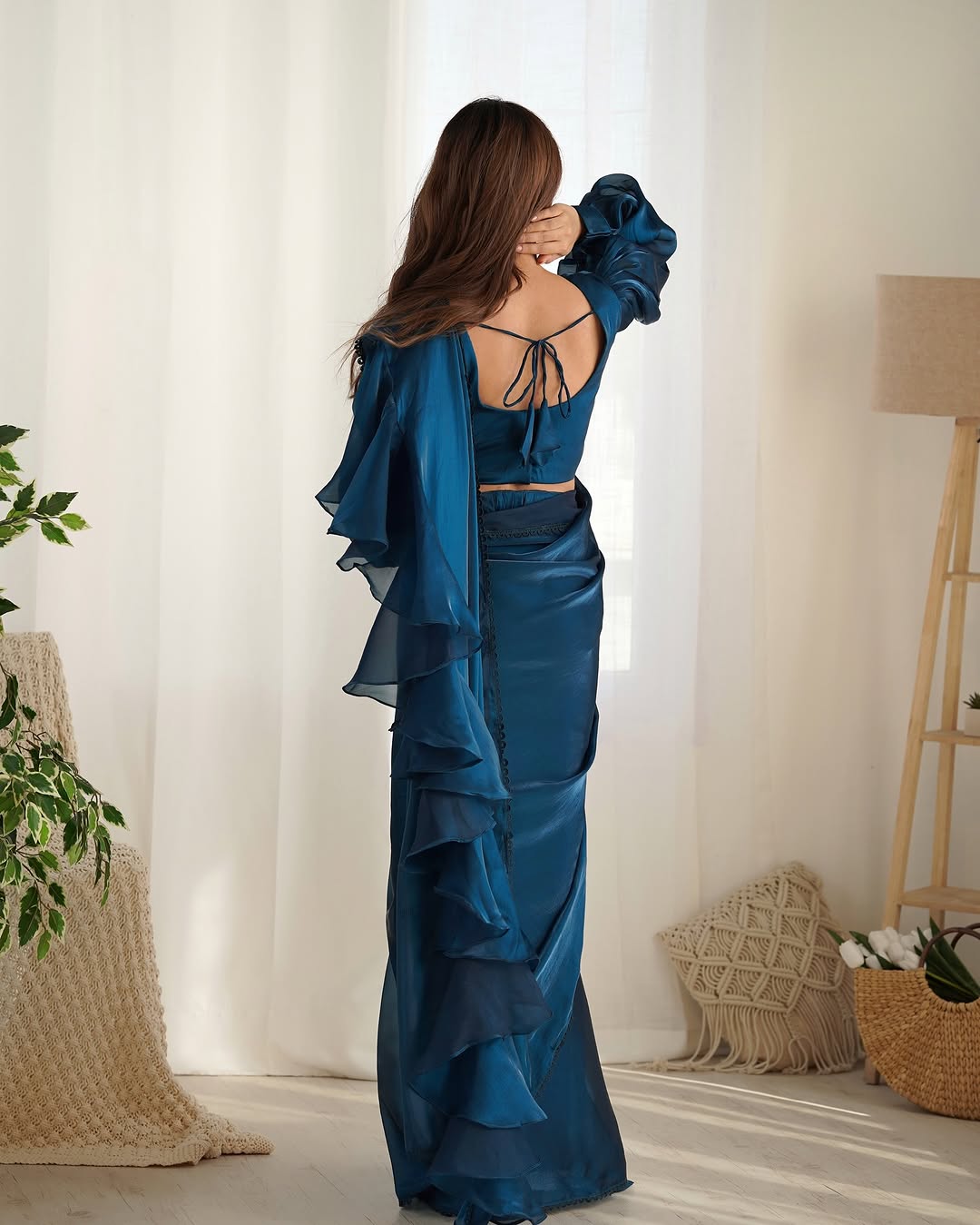 Anushree blue ready to wear jimmy choo organza ruffle draped saree