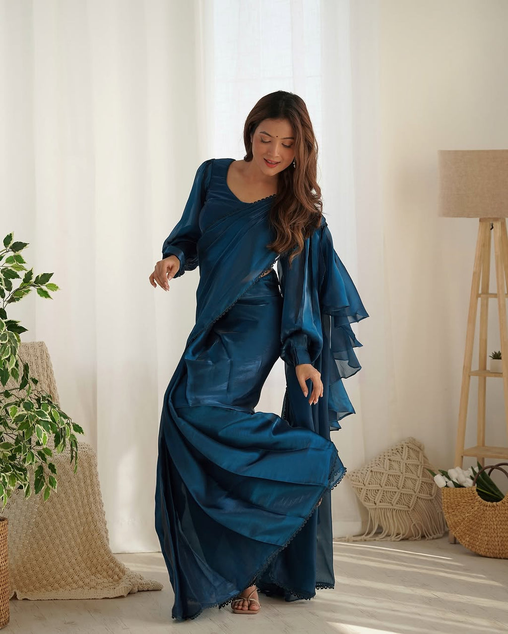 Anushree blue ready to wear jimmy choo organza ruffle draped saree
