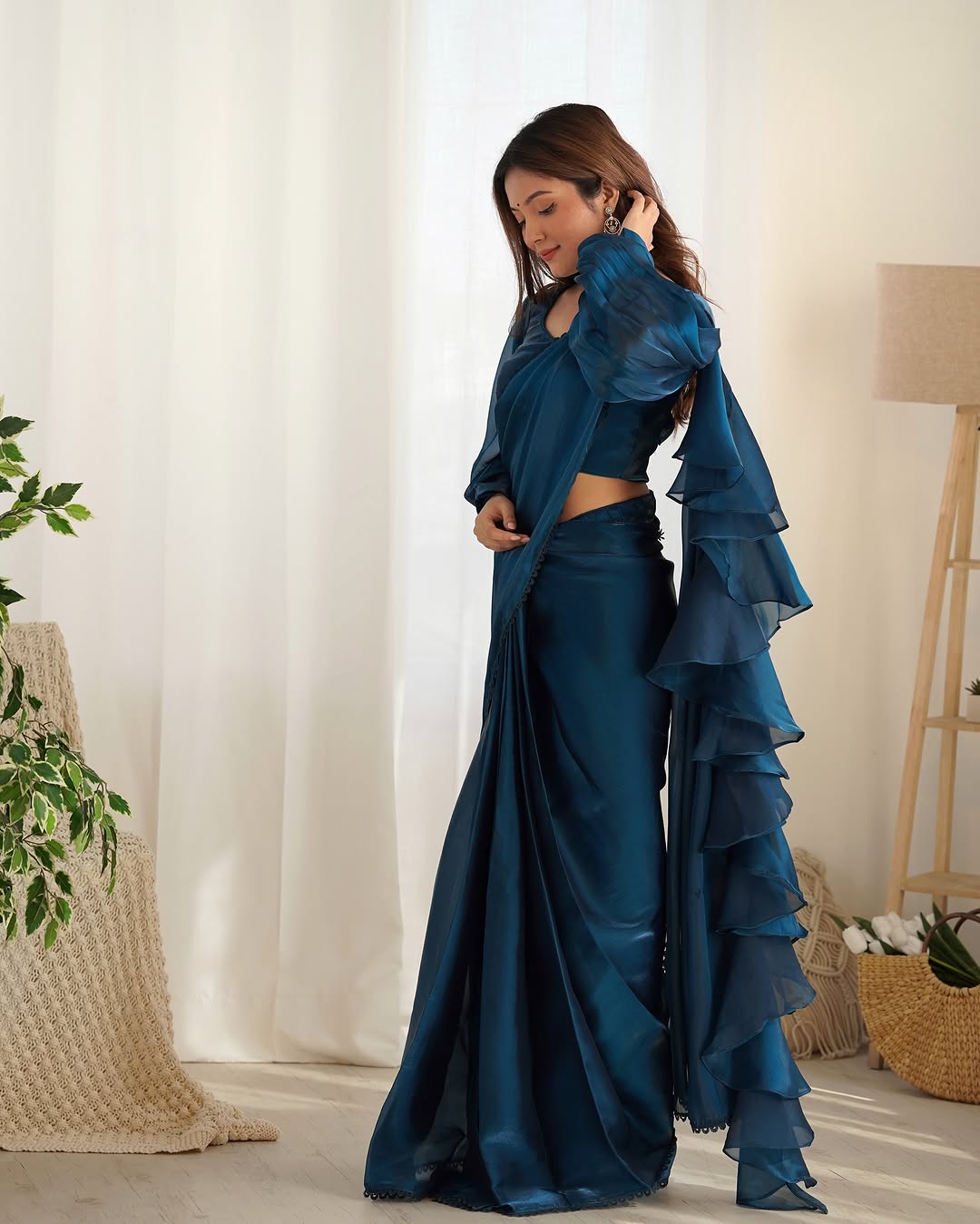 Anushree blue ready to wear jimmy choo organza ruffle draped saree