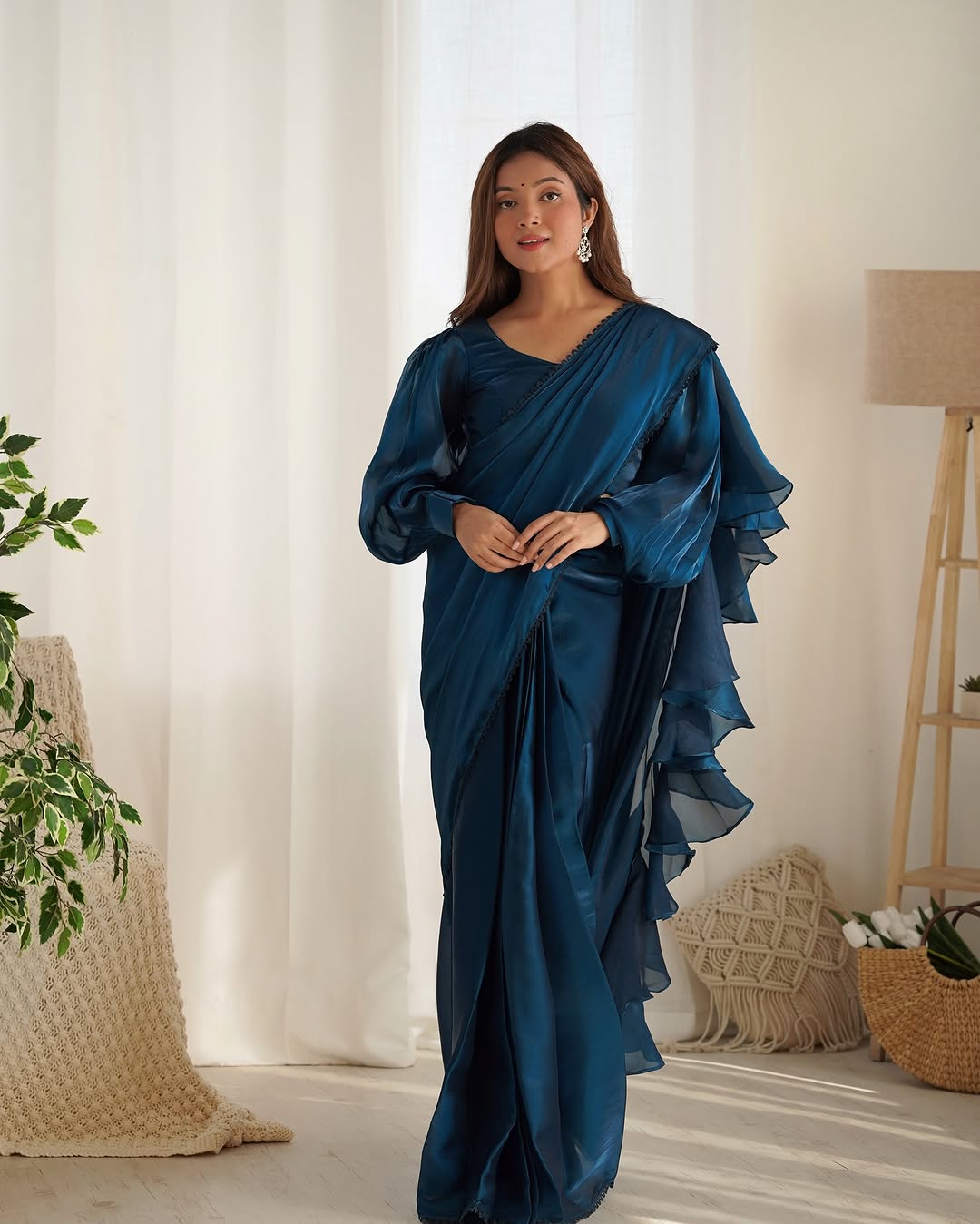 Anushree blue ready to wear jimmy choo organza ruffle draped saree