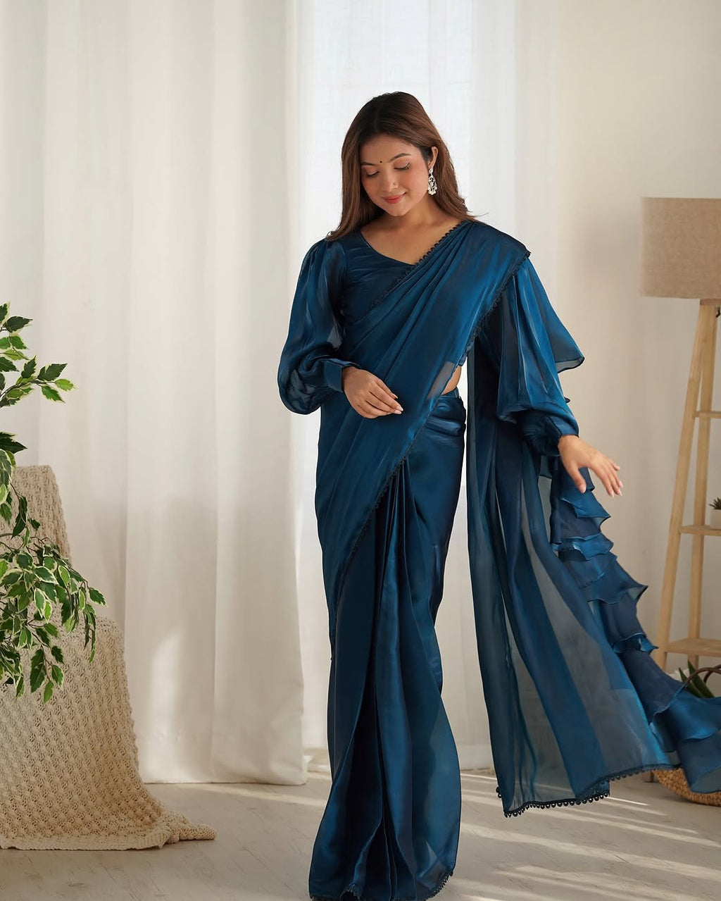 Anushree blue ready to wear jimmy choo organza ruffle draped saree