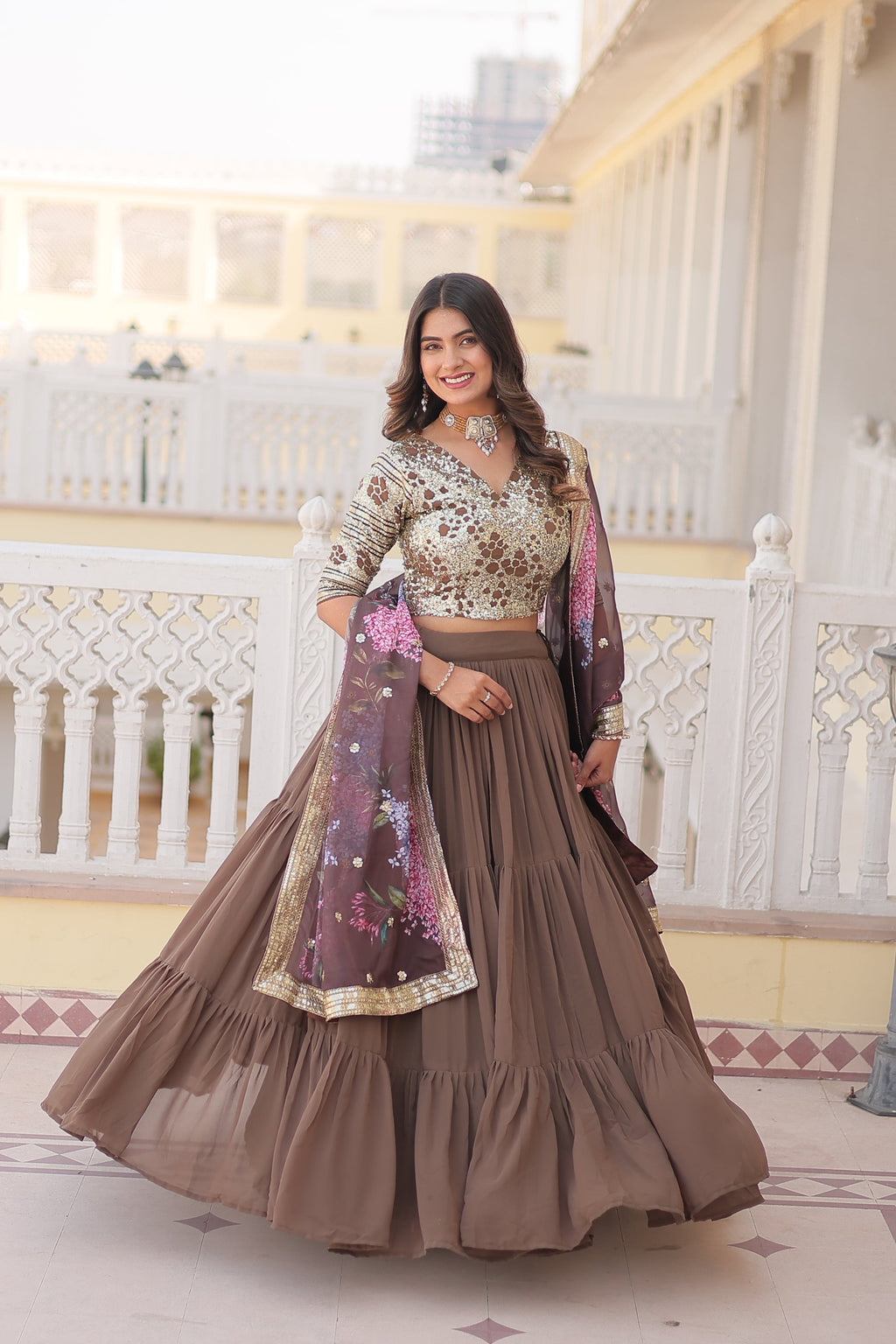 Beige georgette embroidered Arika designer lehenga