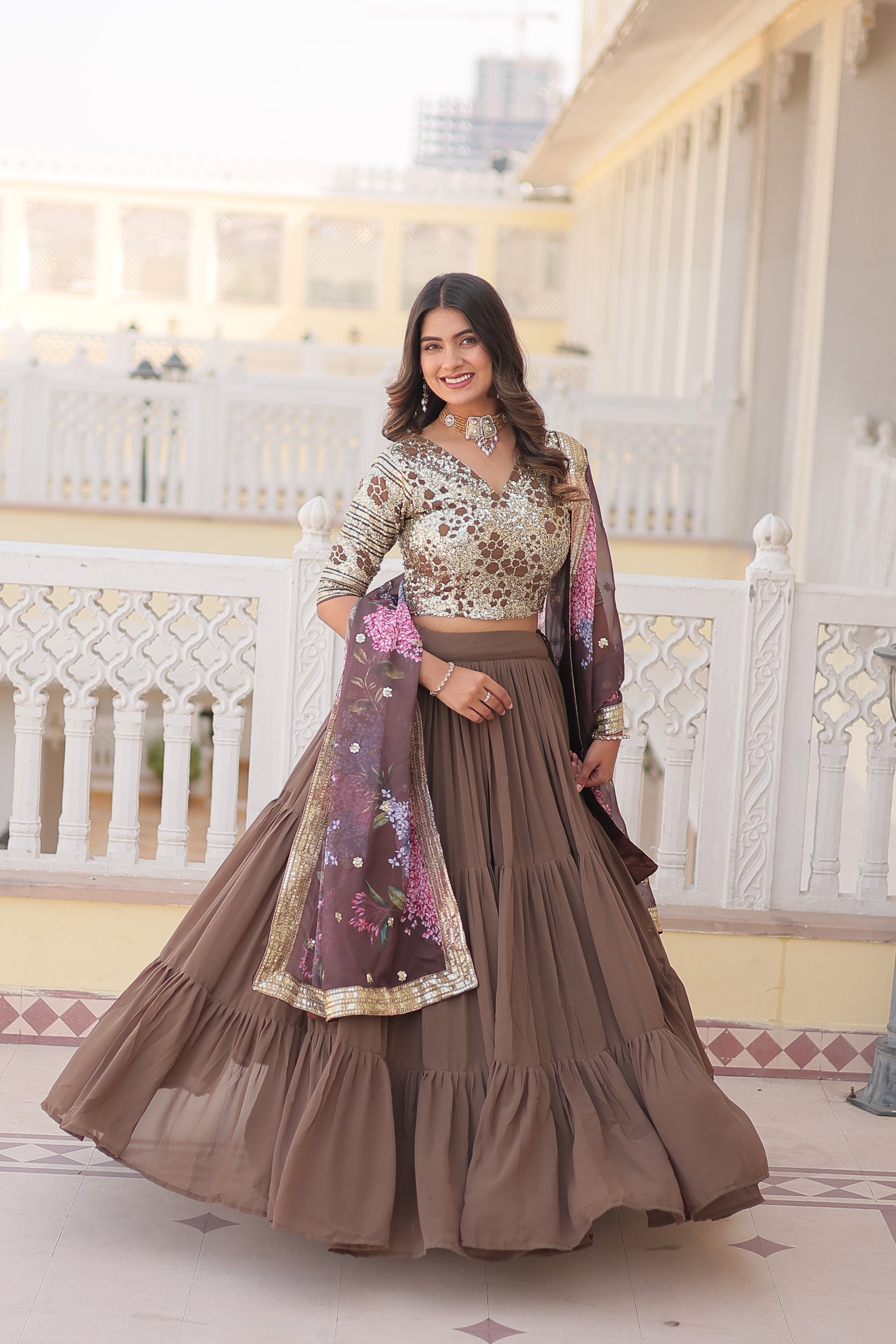 Beige georgette embroidered Arika designer lehenga