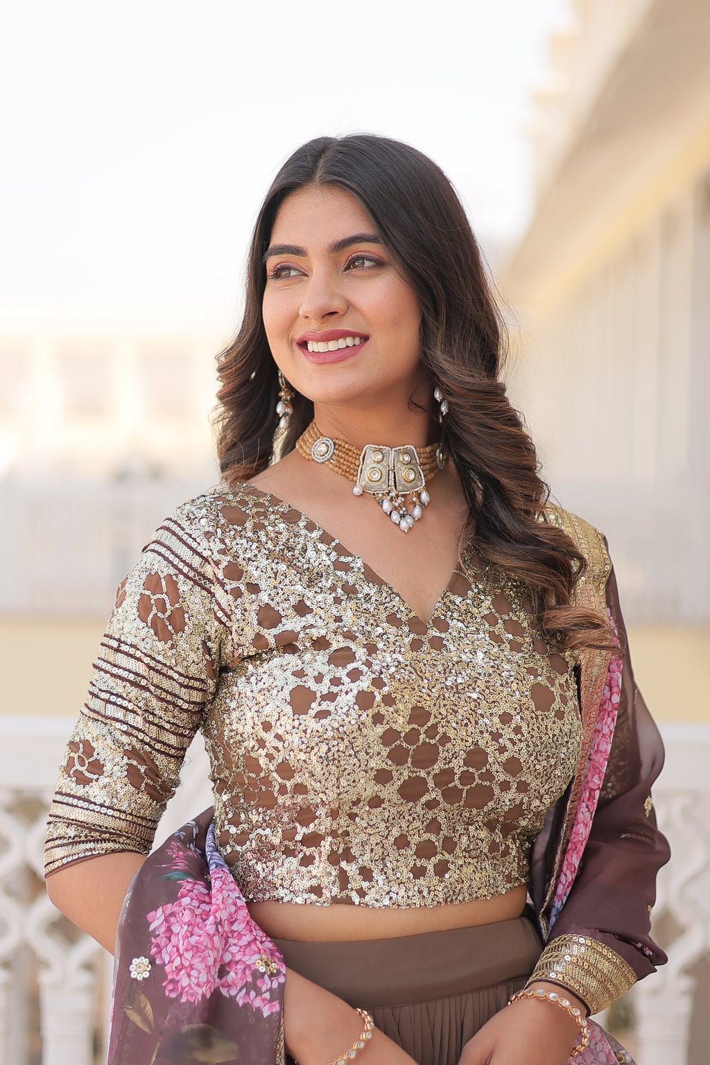 Beige georgette embroidered Arika designer lehenga