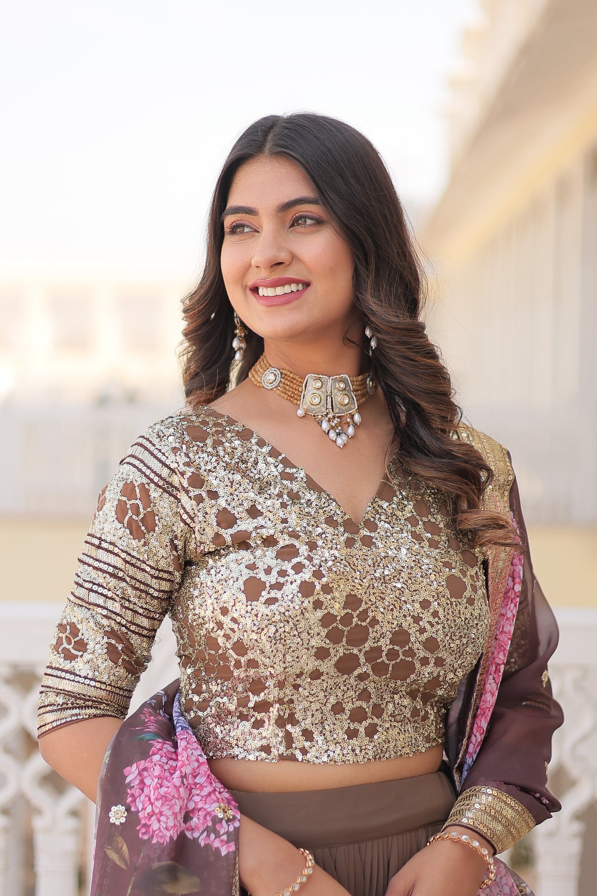 Beige georgette embroidered Arika designer lehenga