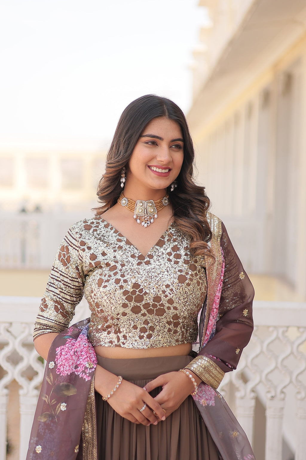 Beige georgette embroidered Arika designer lehenga