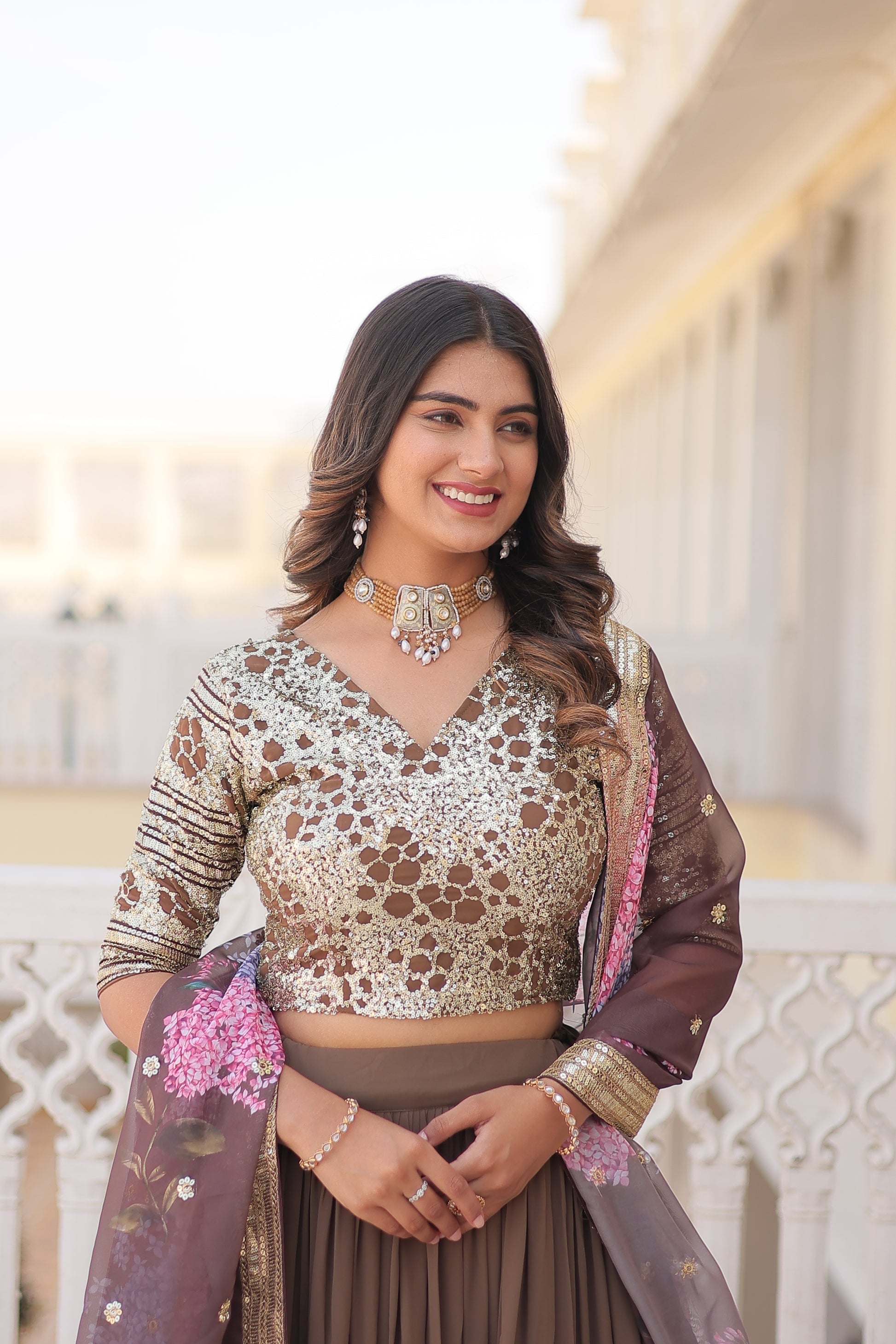 Beige georgette embroidered Arika designer lehenga