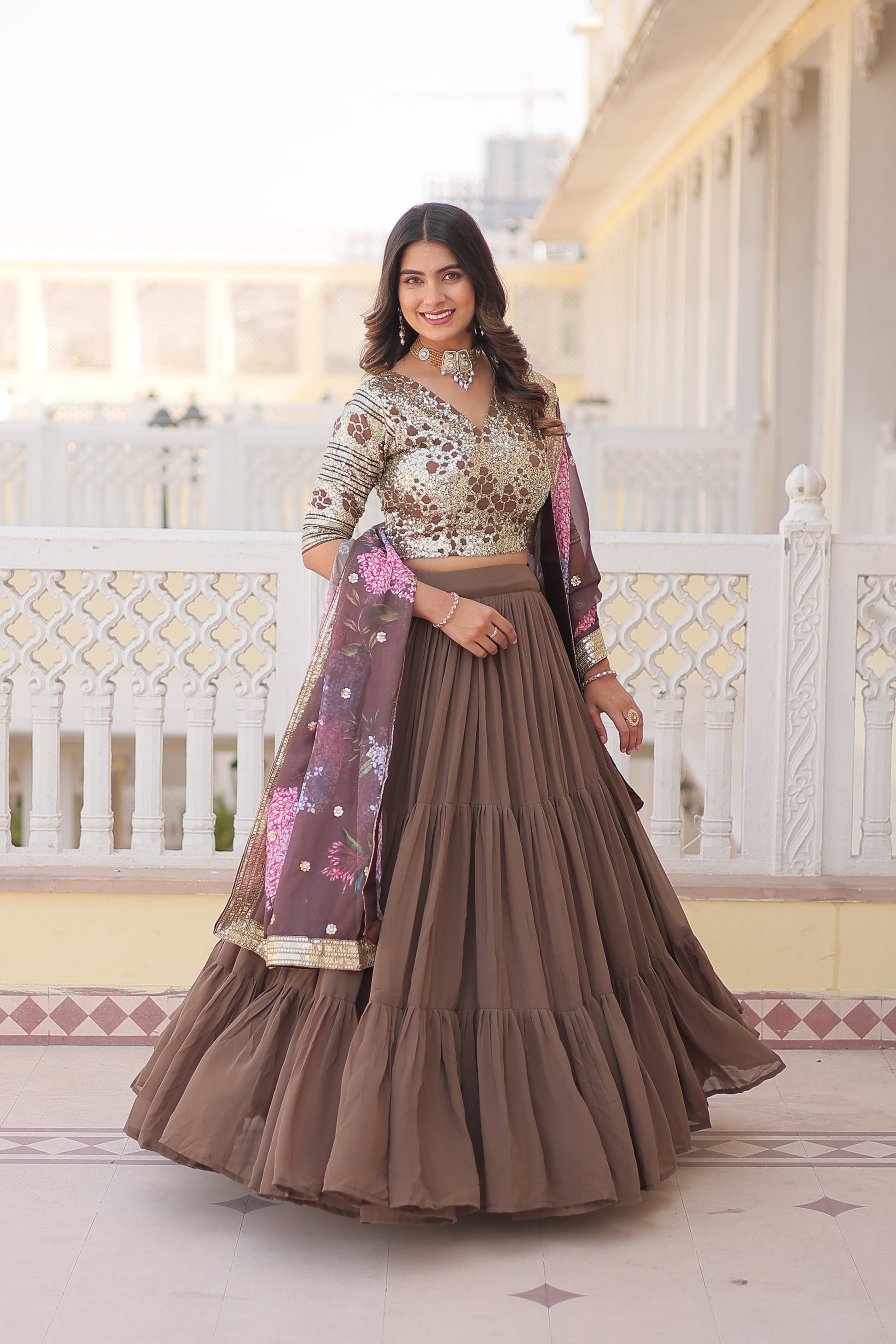 Beige georgette embroidered Arika designer lehenga