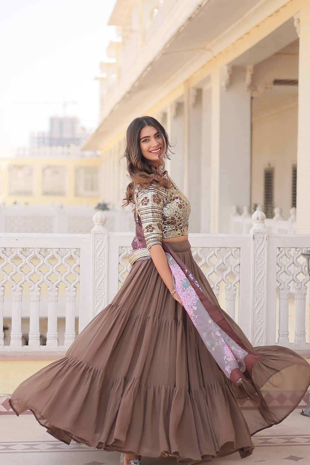 Beige georgette embroidered Arika designer lehenga