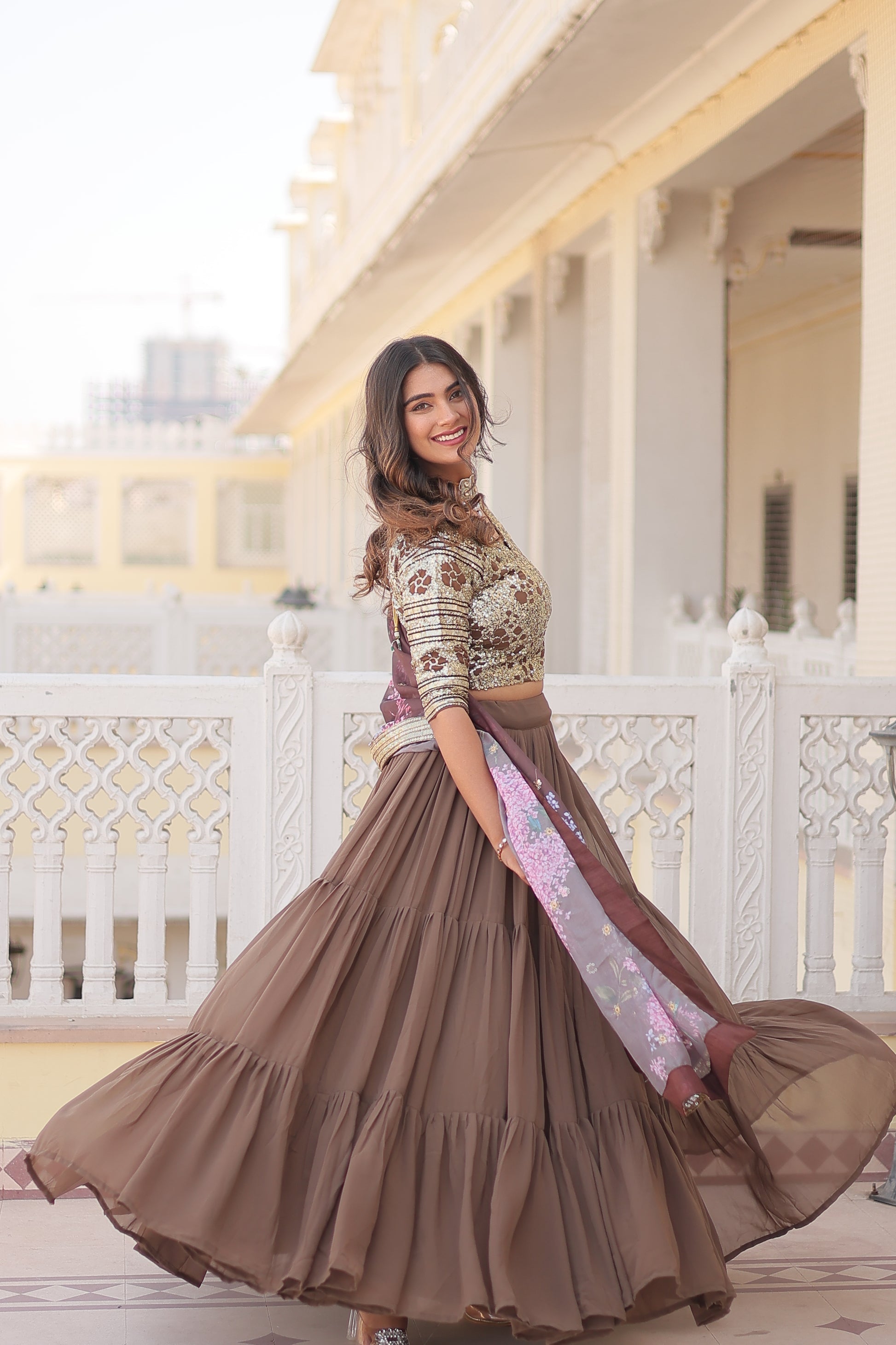 Beige georgette embroidered Arika designer lehenga