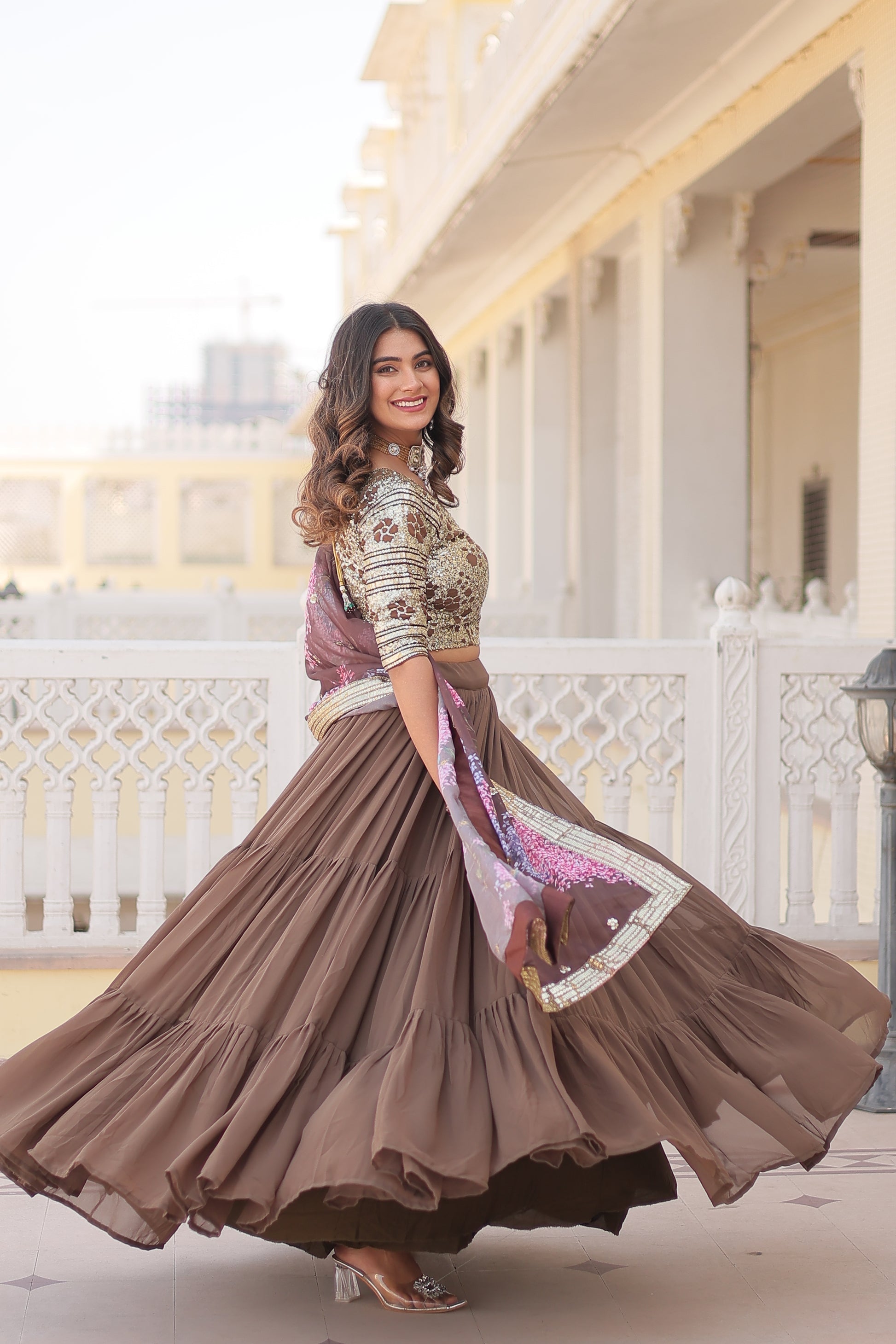 Beige georgette embroidered Arika designer lehenga