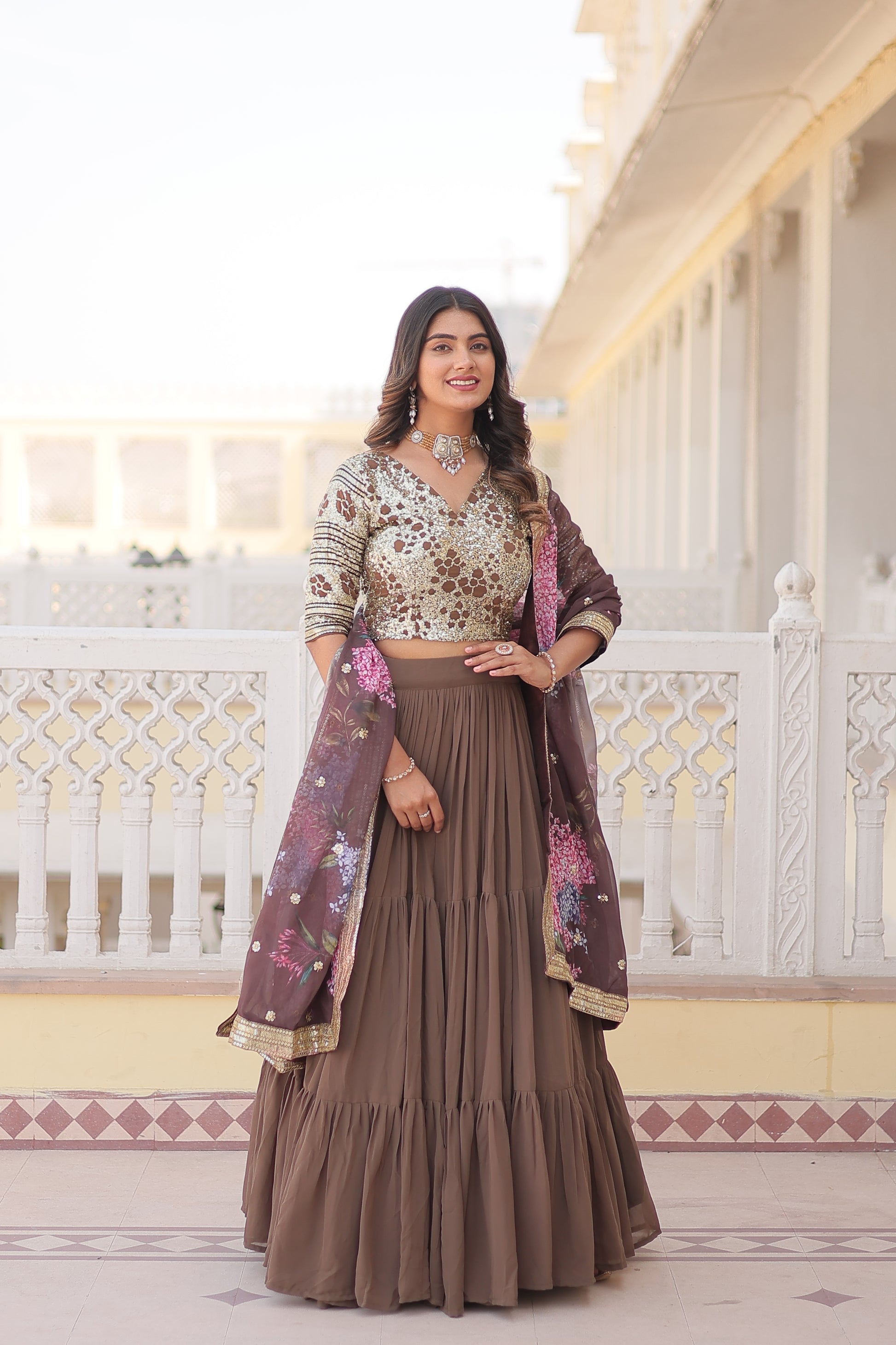 Beige georgette embroidered Arika designer lehenga