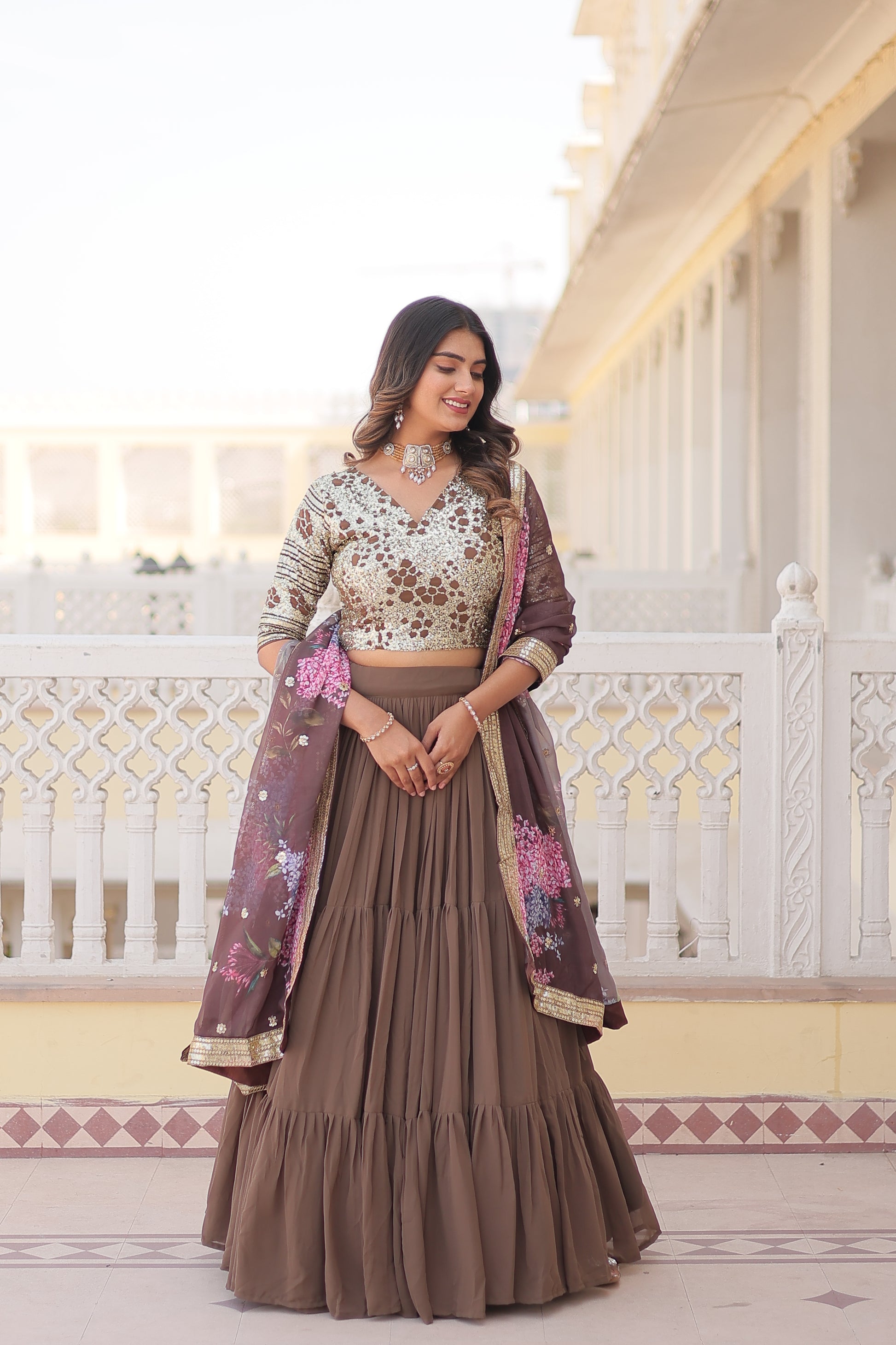 Beige georgette embroidered Arika designer lehenga