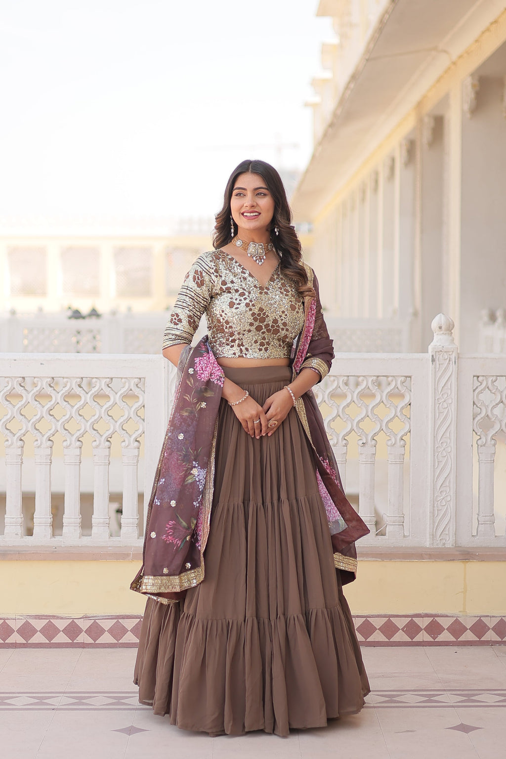 Beige georgette embroidered Arika designer lehenga