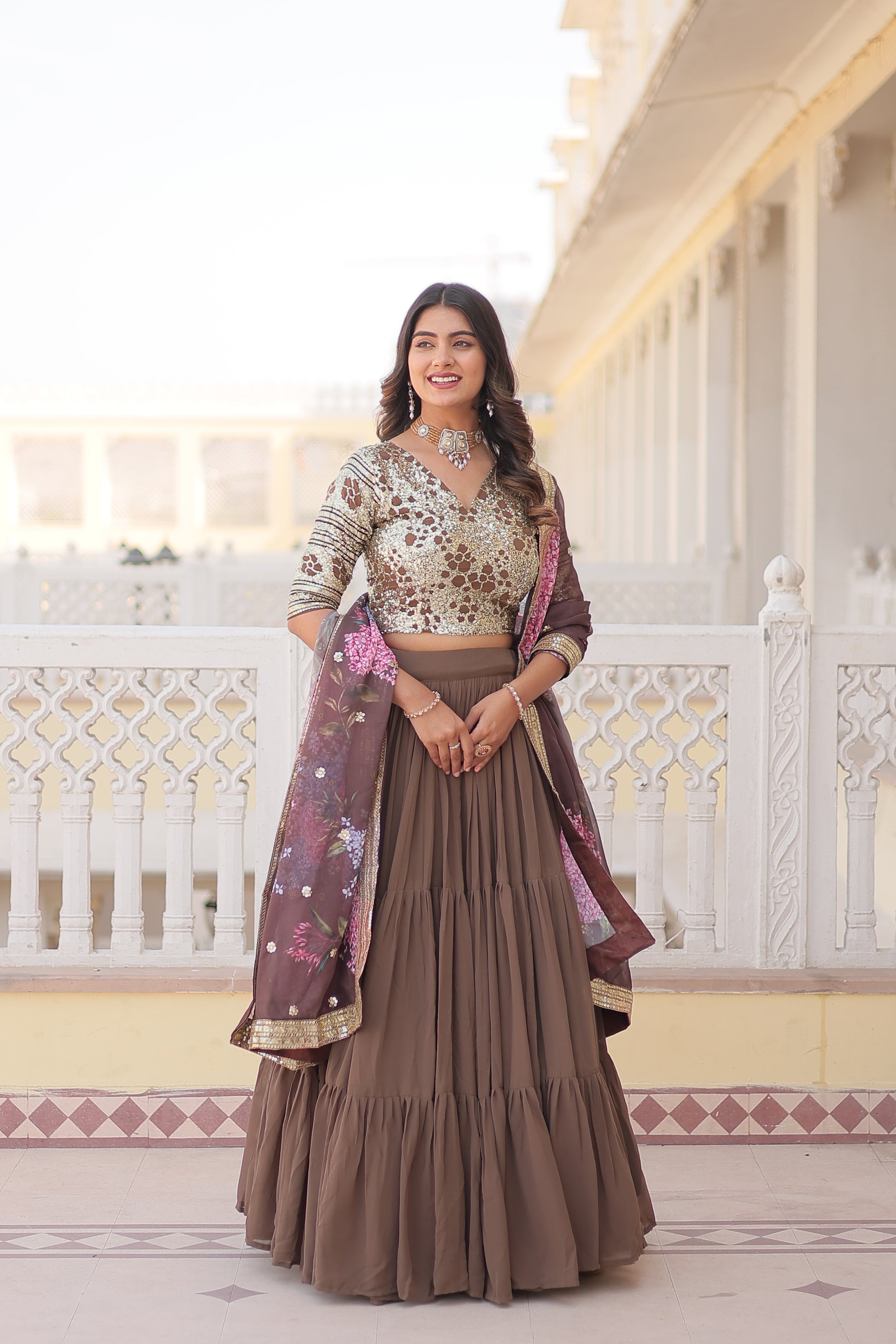 Beige georgette embroidered Arika designer lehenga