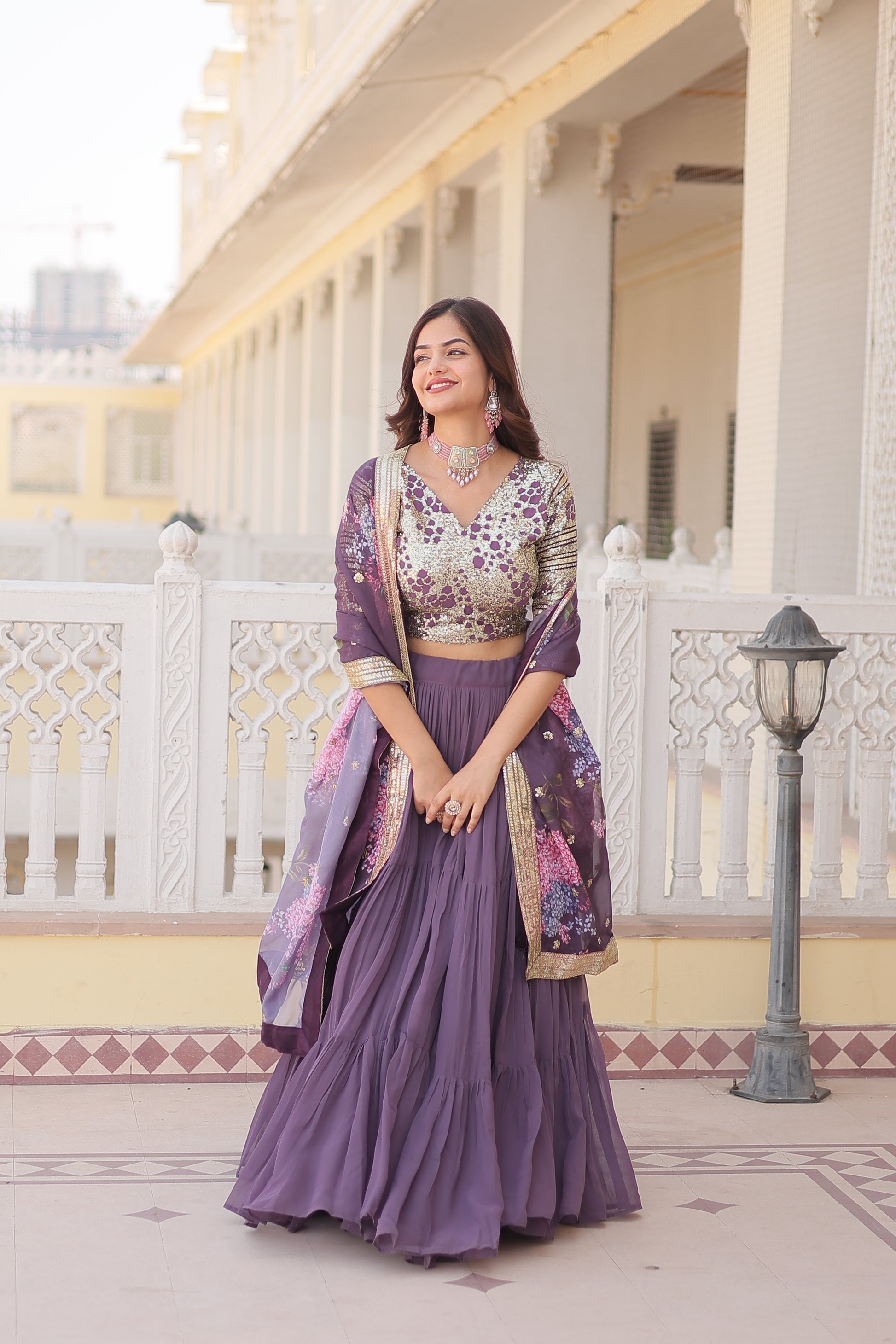 Lavender georgette embroidered Arika designer lehenga