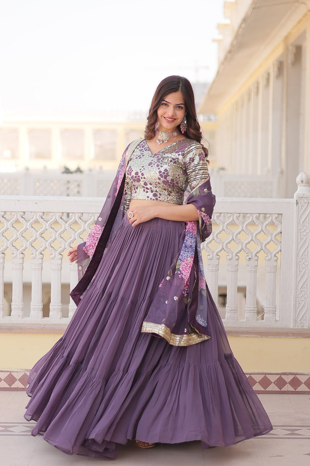 Lavender georgette embroidered Arika designer lehenga