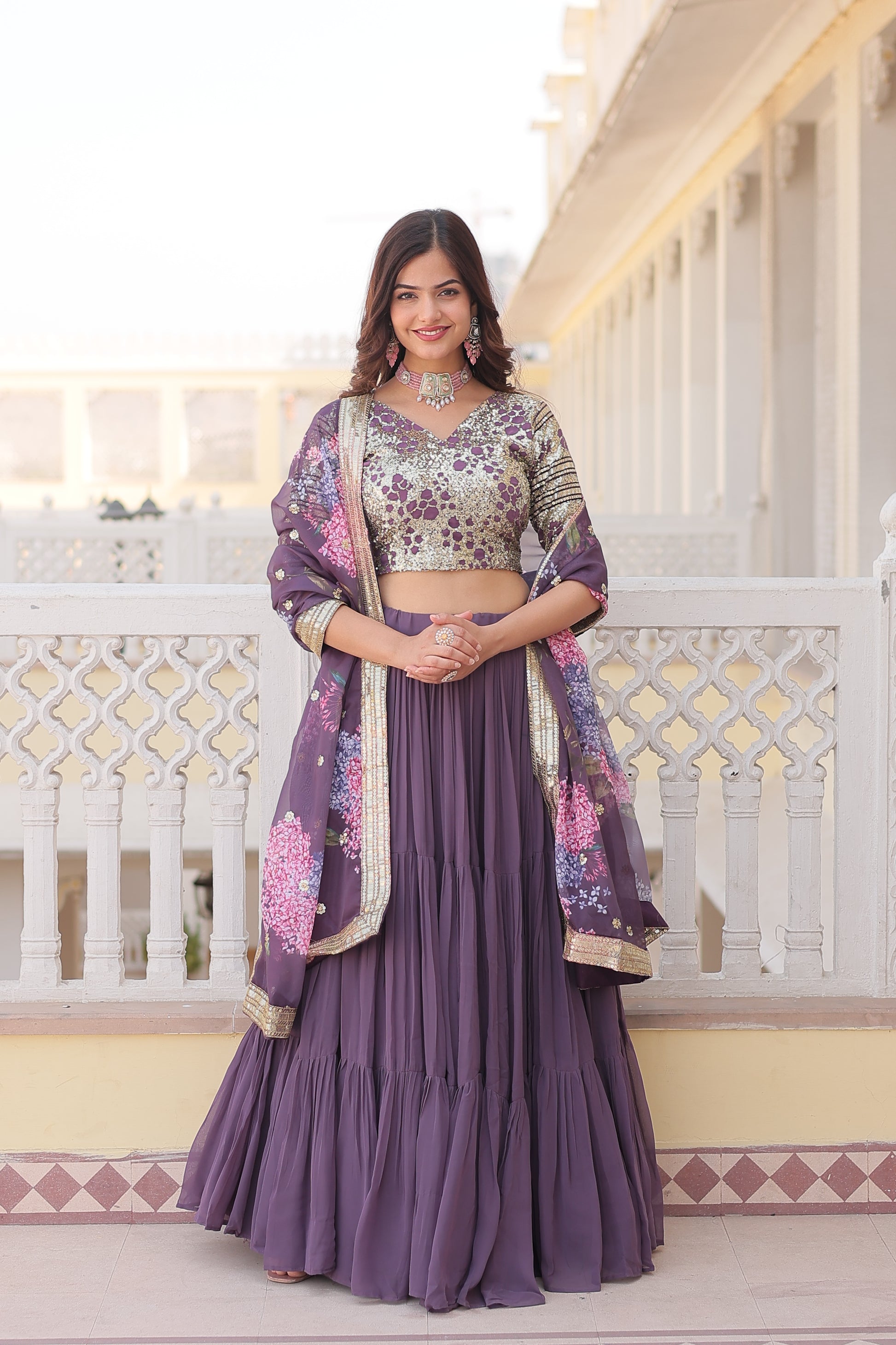 Lavender georgette embroidered Arika designer lehenga