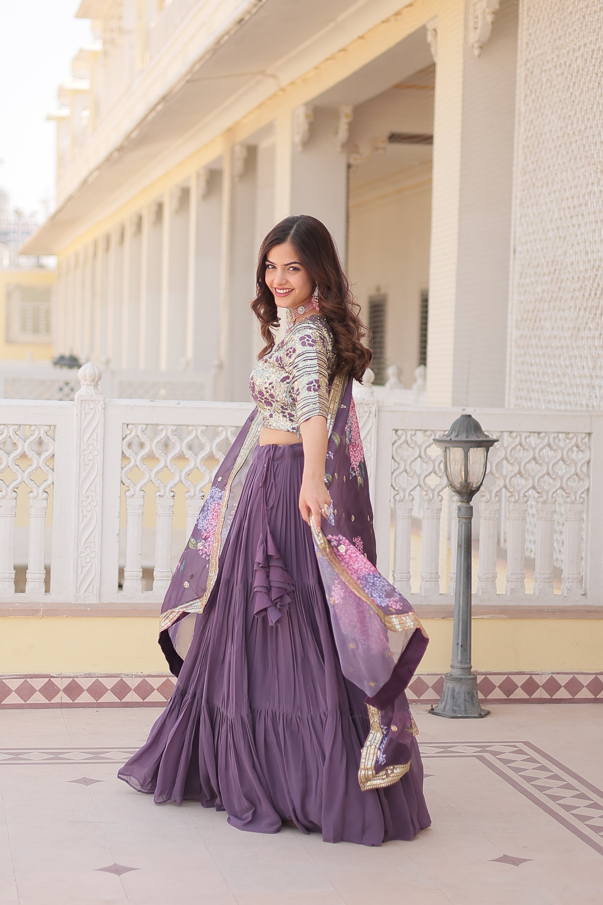 Lavender georgette embroidered Arika designer lehenga