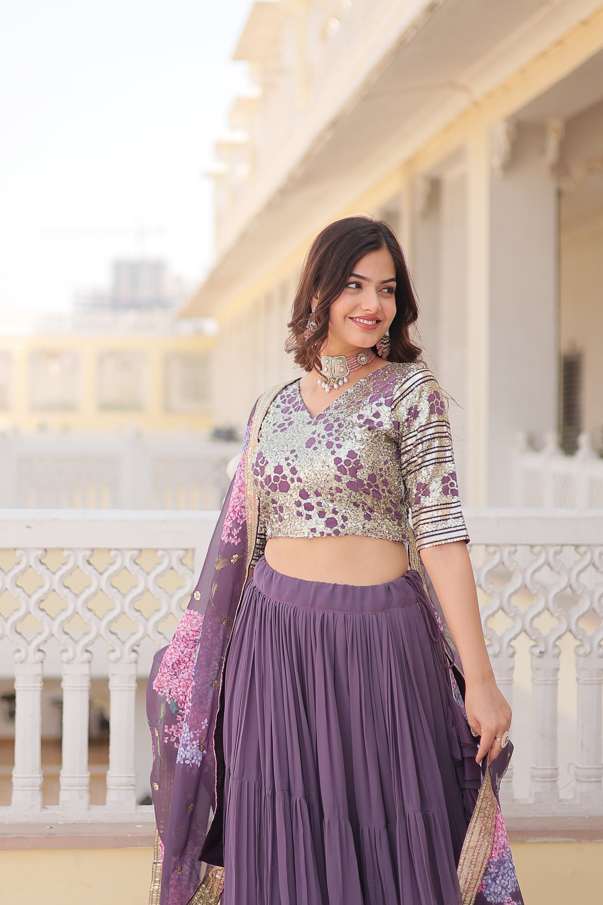 Lavender georgette embroidered Arika designer lehenga