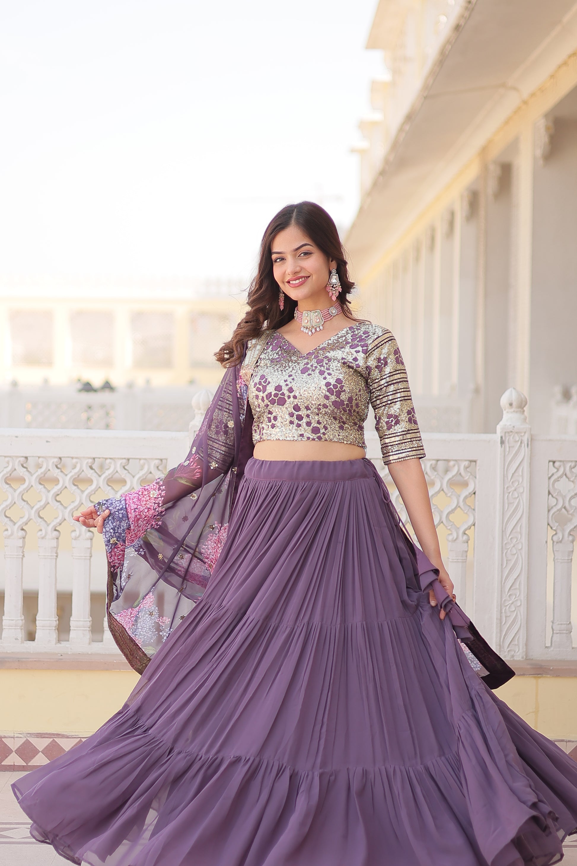 Lavender georgette embroidered Arika designer lehenga