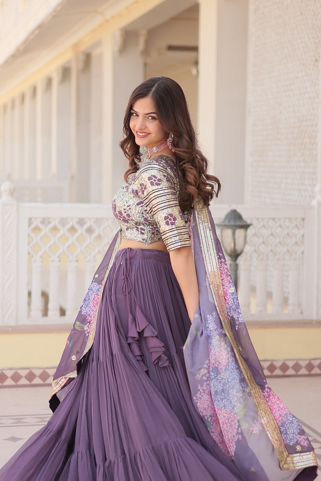 Lavender georgette embroidered Arika designer lehenga
