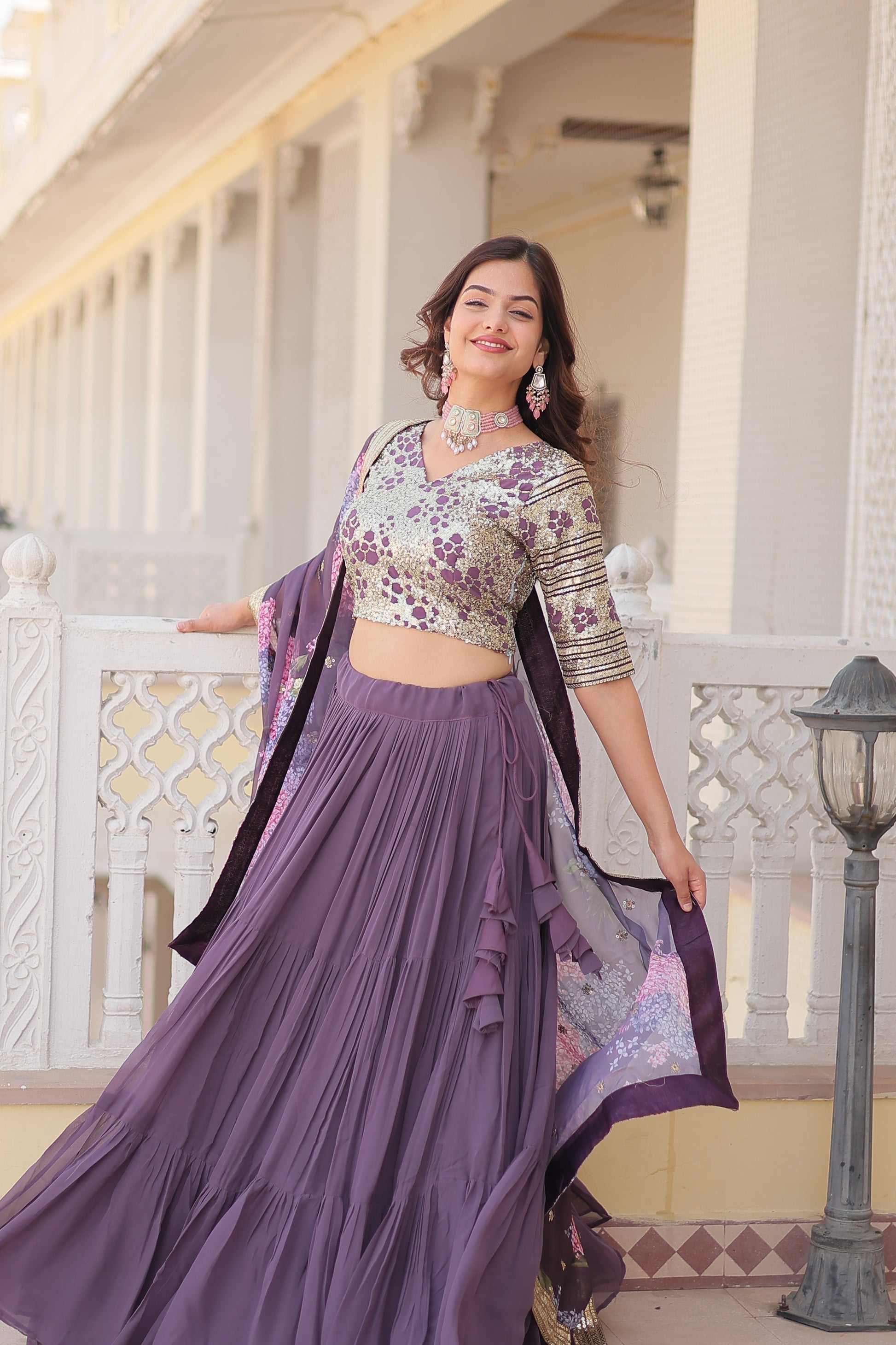 Lavender georgette embroidered Arika designer lehenga
