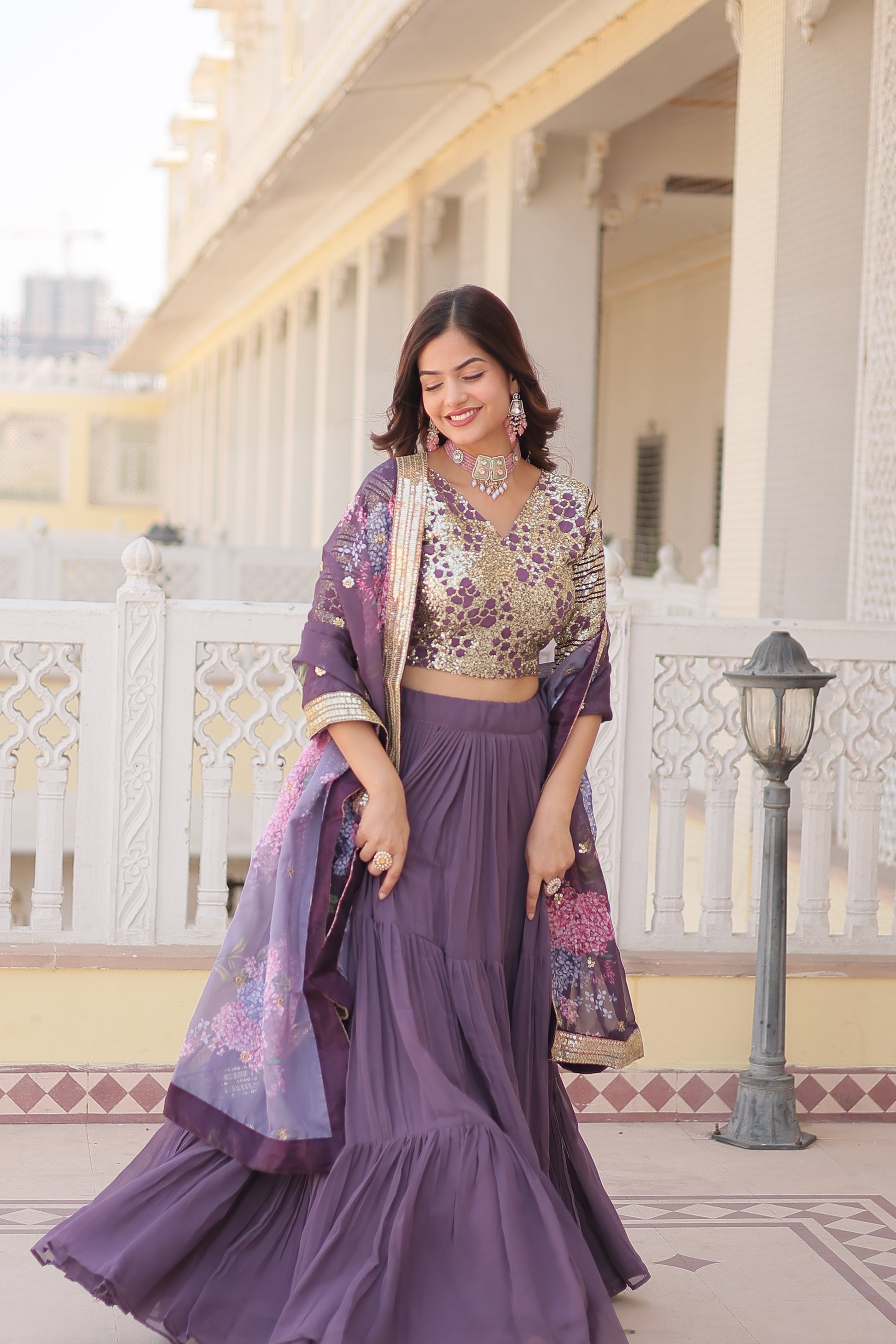 Lavender georgette embroidered Arika designer lehenga