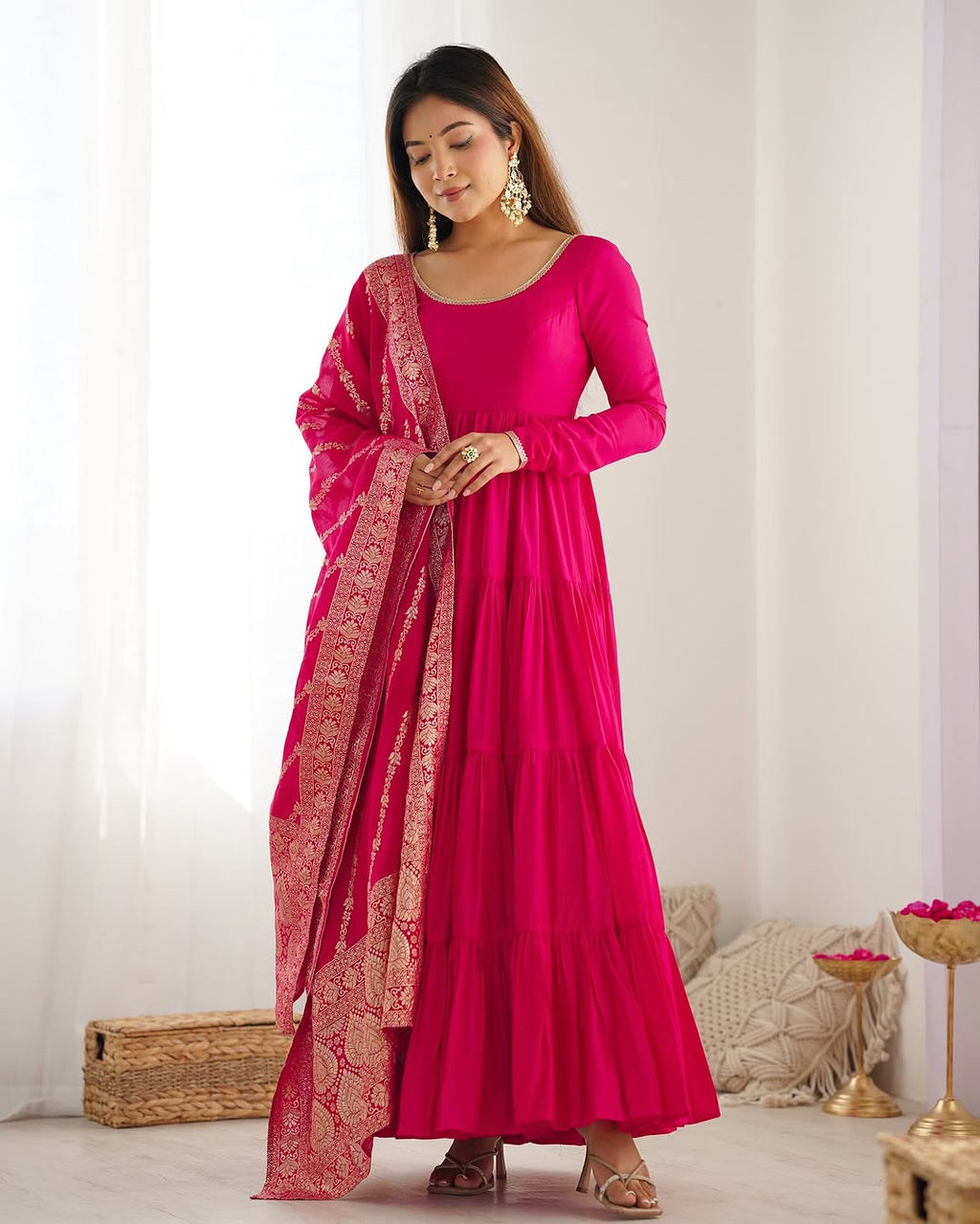 Pink Roman silk flared Ashika designer Anarkali gown